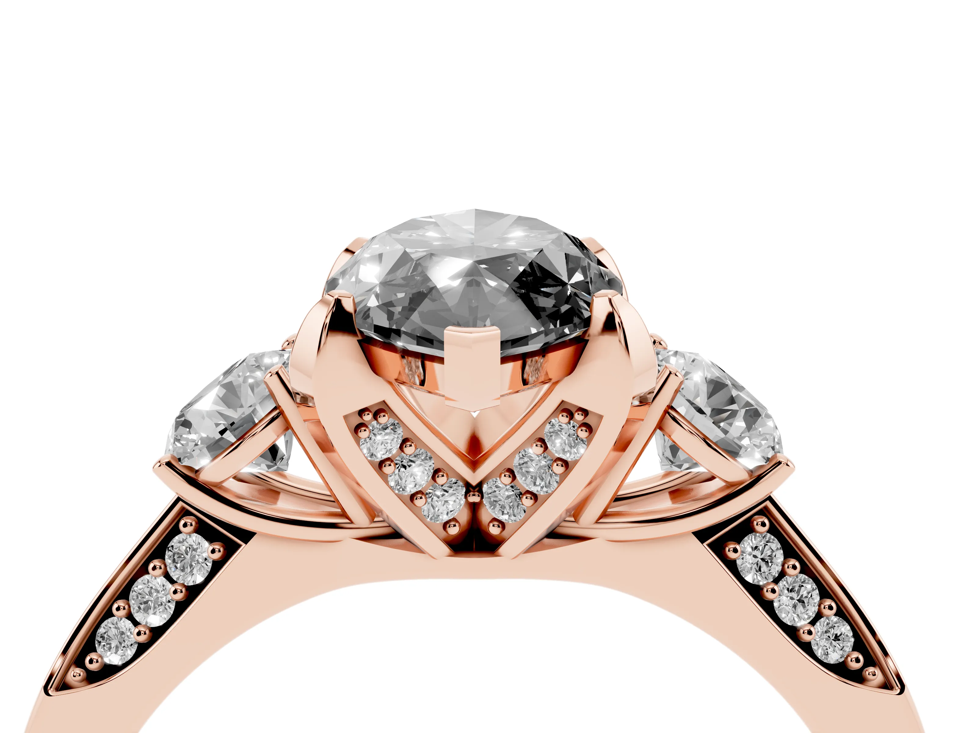 Fancy Black Marquise Cut Diamond Three-Stone Ring Set in Rose gold with Pavé Band and Smaller Side Stones