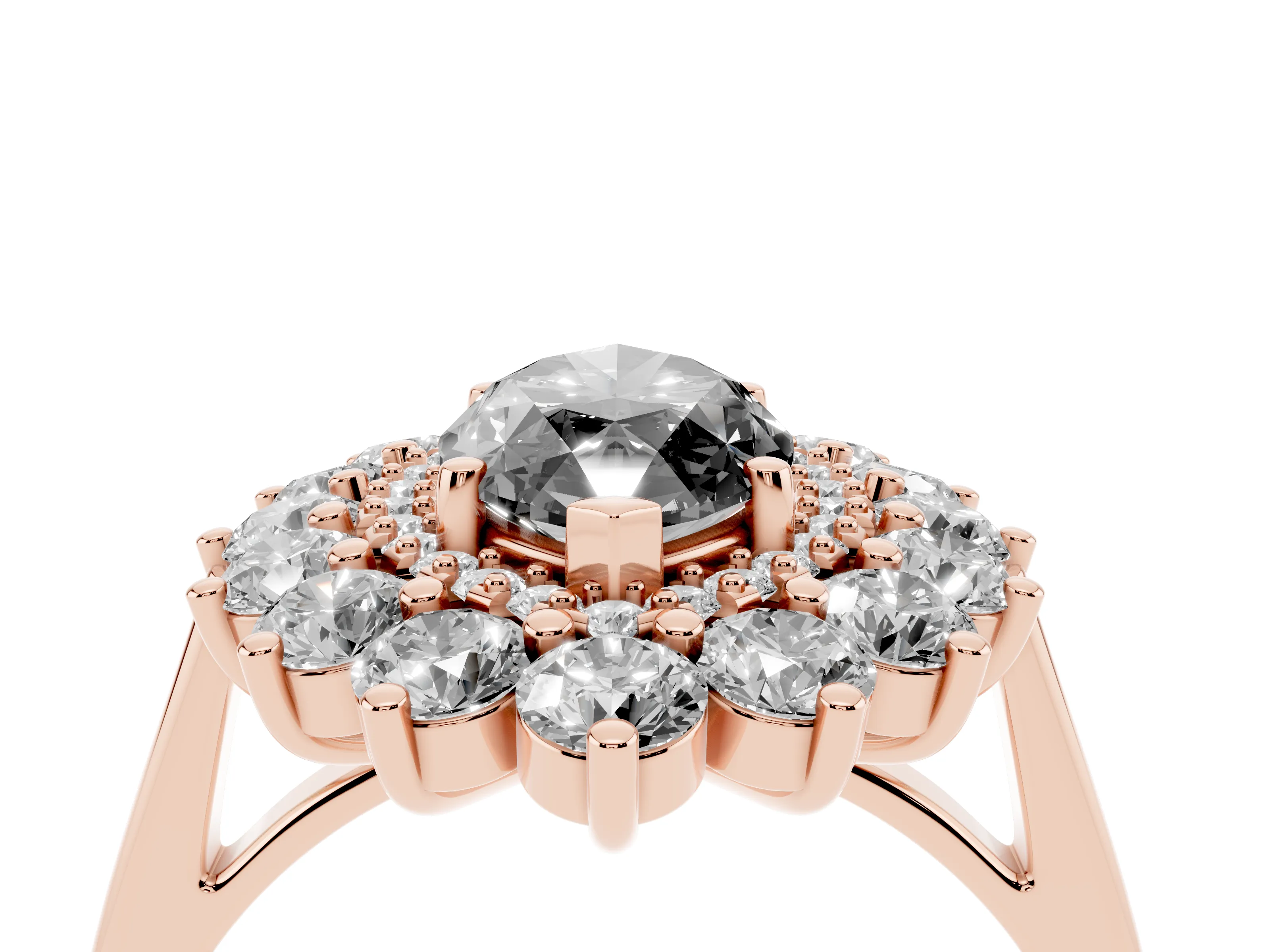 Fancy Black Marquise Cut Diamond Floral Double Halo Ring Set in Rose gold with Round Petals