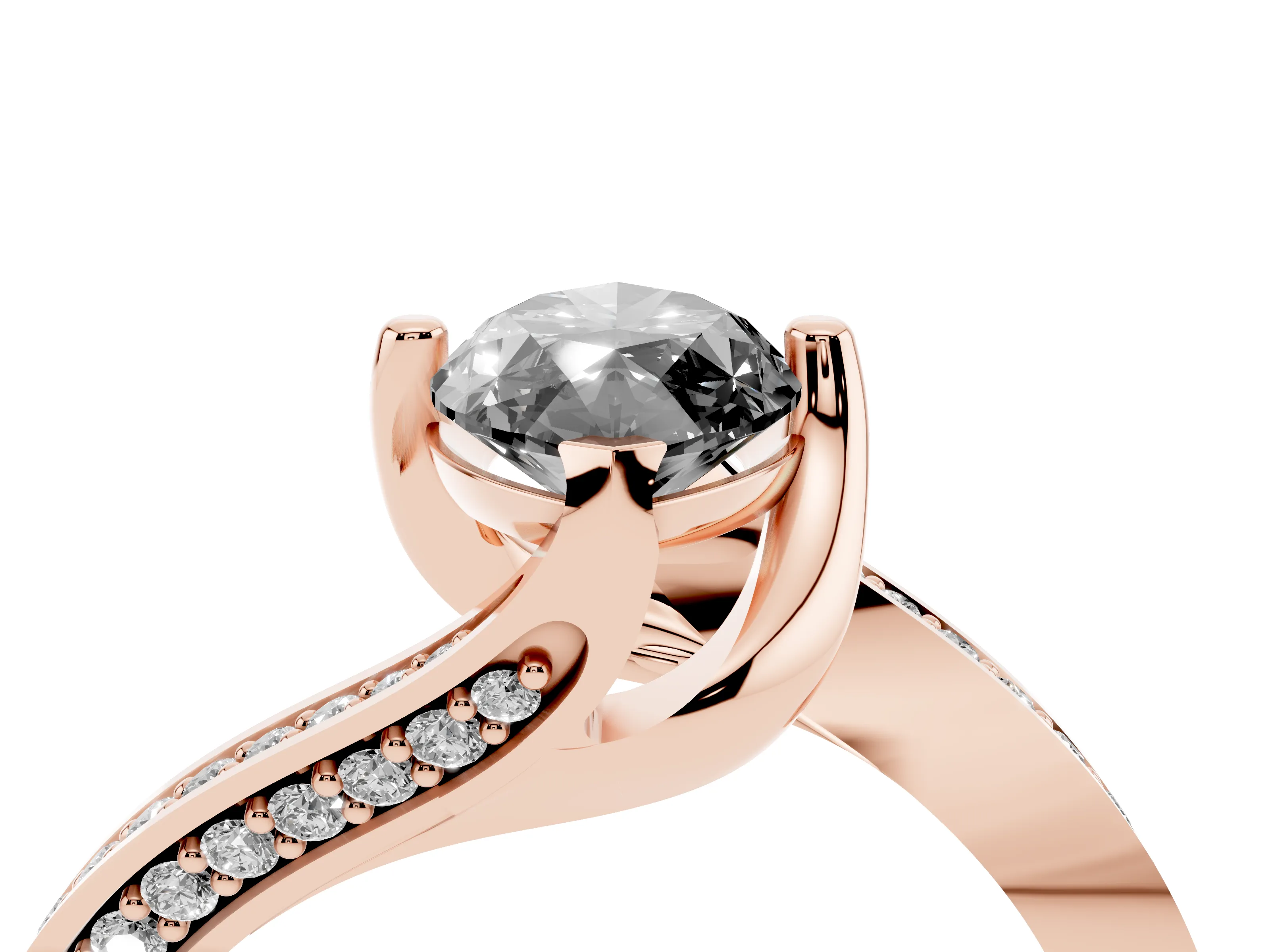 Fancy Black Marquise Cut Diamond Solitaire Ring Set in Rose gold with Intertwined Pavé Twist Band