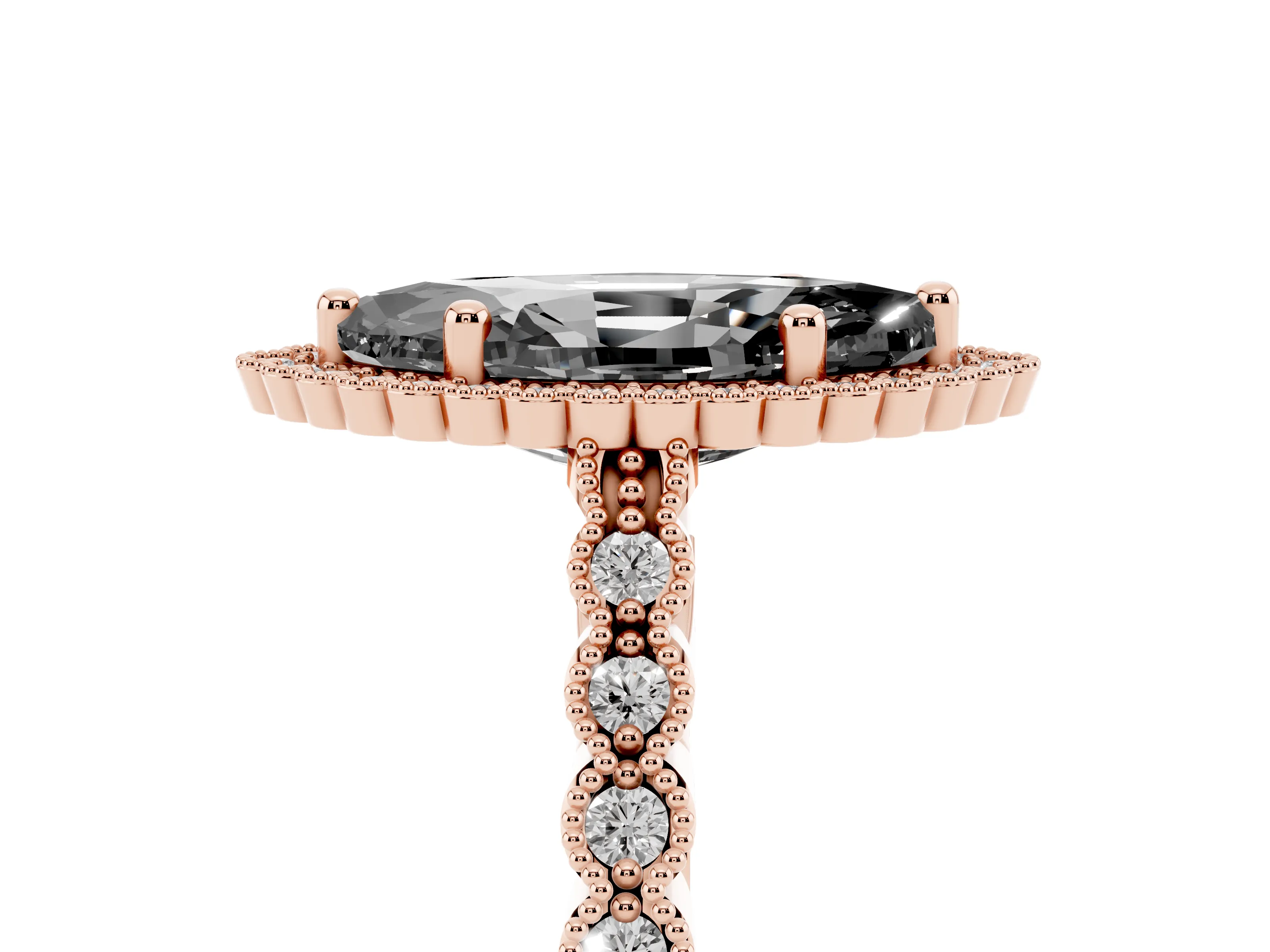 Fancy Black Marquise Cut Diamond Halo Ring Set in Rose gold with Pavé Milgrain Band