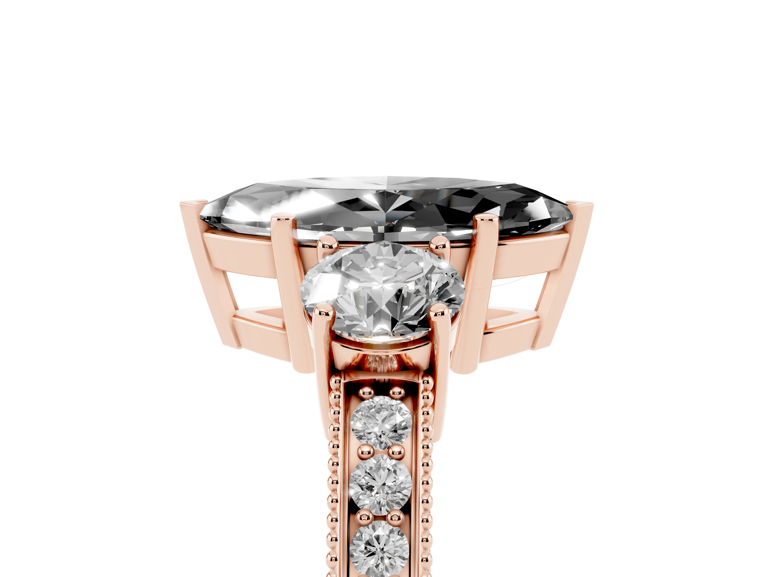 Fancy Black Marquise Cut Diamond Three-Stone Ring Set in Rose gold with Round Side Stones and Pavé Band