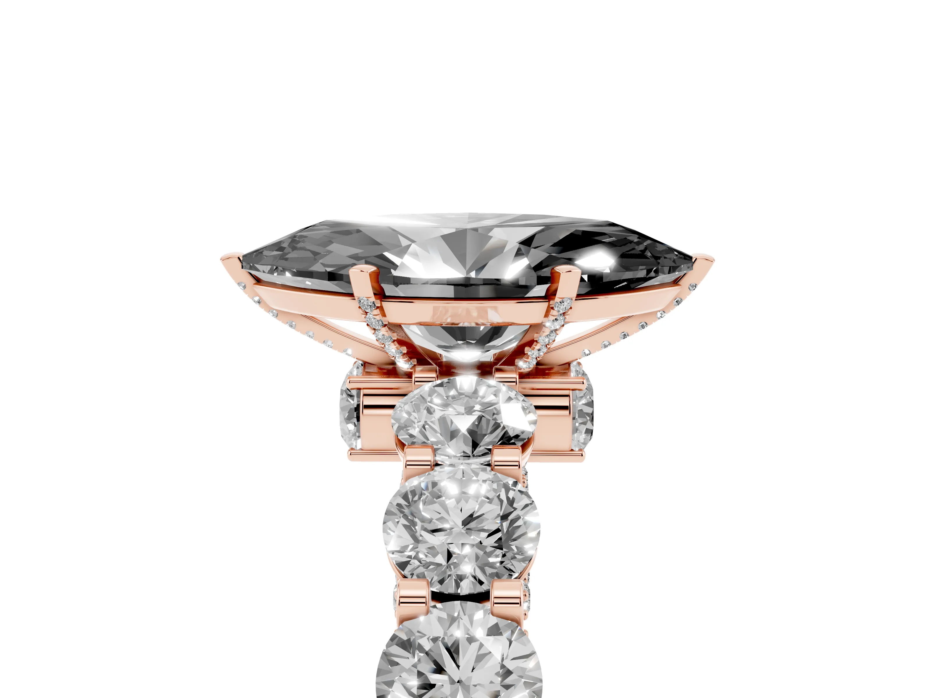 Fancy Black Marquise Cut Diamond Side Stone Ring Set in Rose gold with Alternating Round and Oval Side Stones
