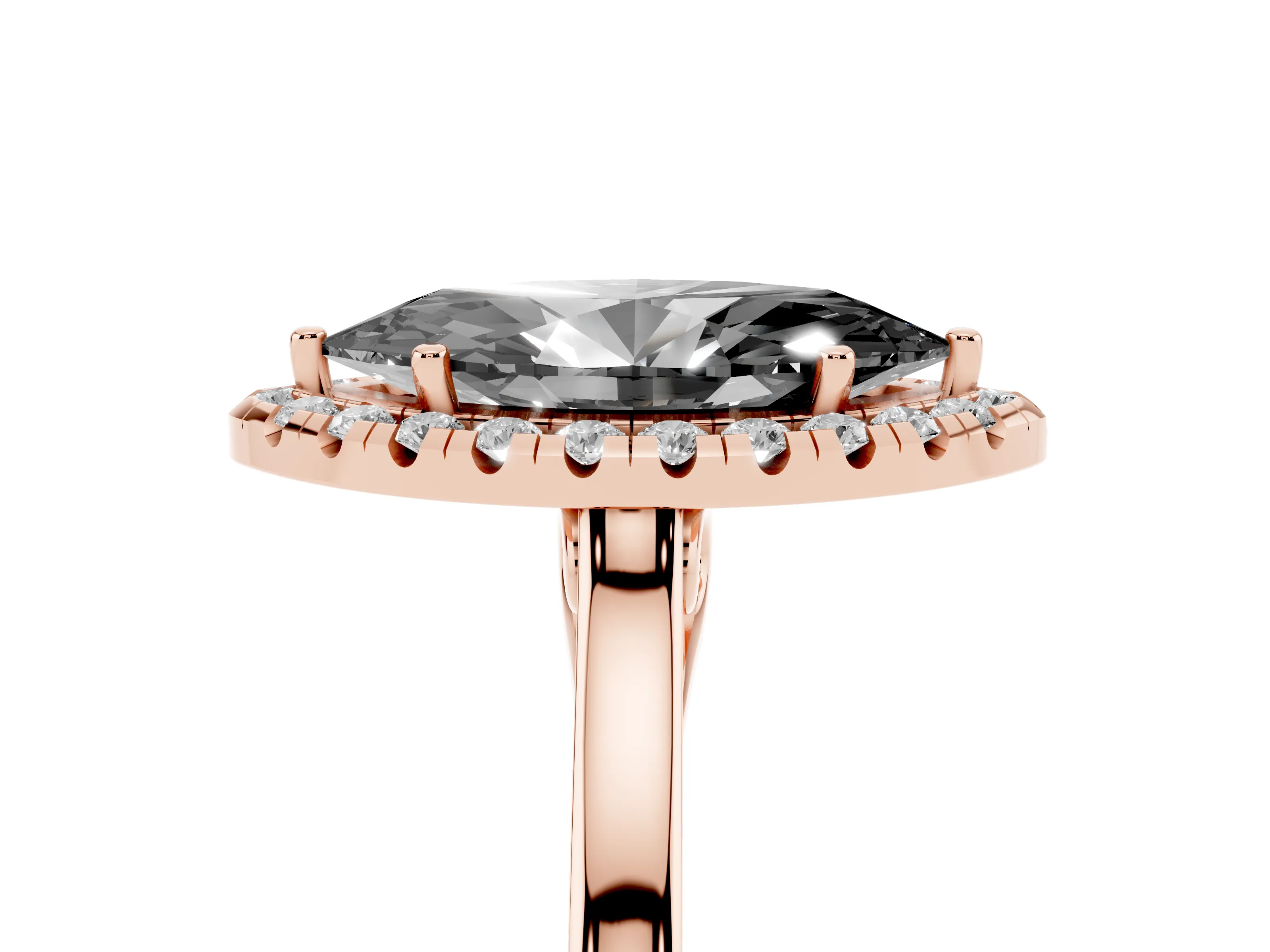 Fancy Black Marquise Cut Halo Round Diamond Solitaire Ring Set in Rose gold with Pavé Band and Prong Setting