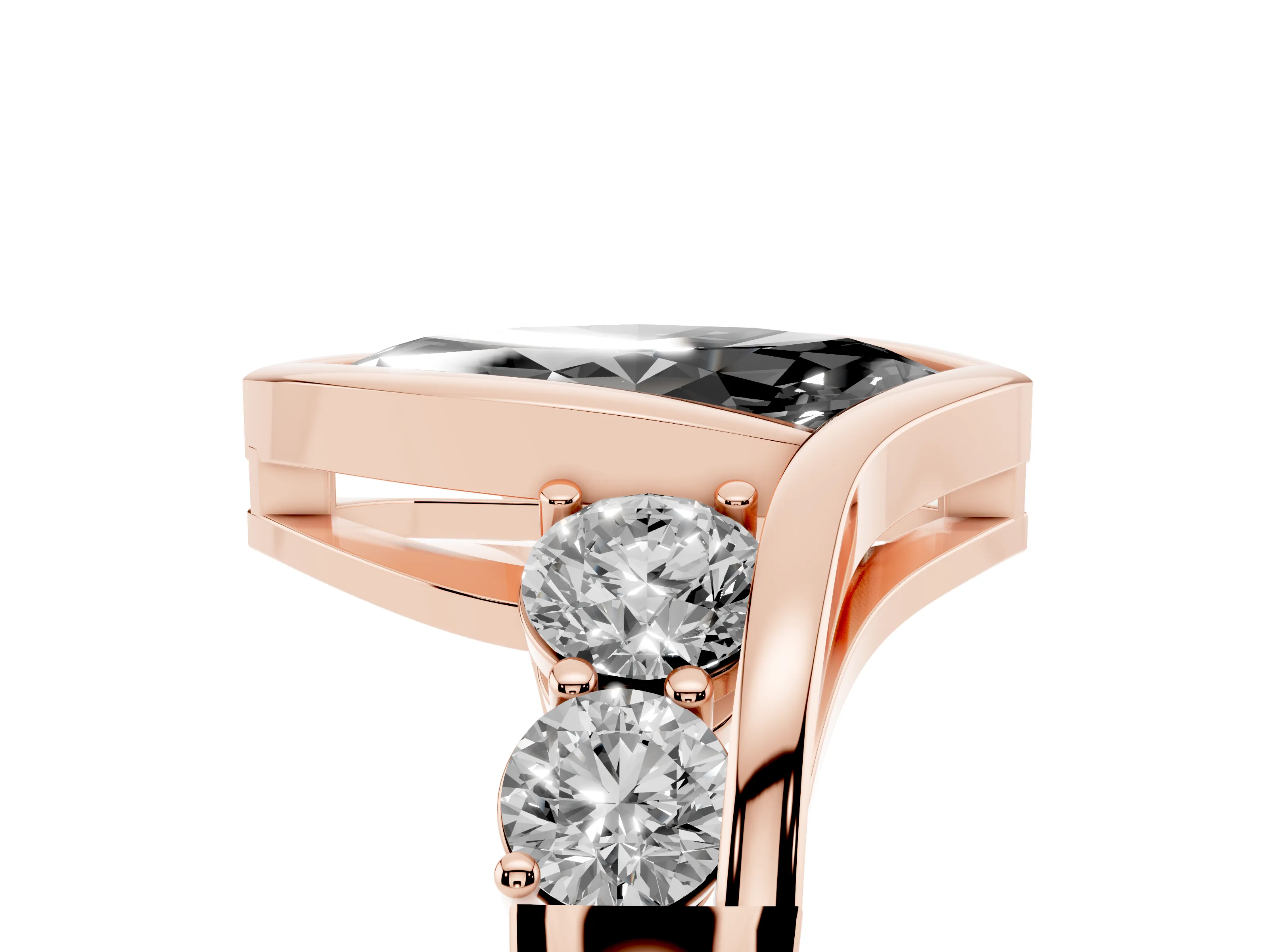 Fancy Black Marquise Cut Diamond Bezel Bypass Ring Set in Rose gold with Round Accents
