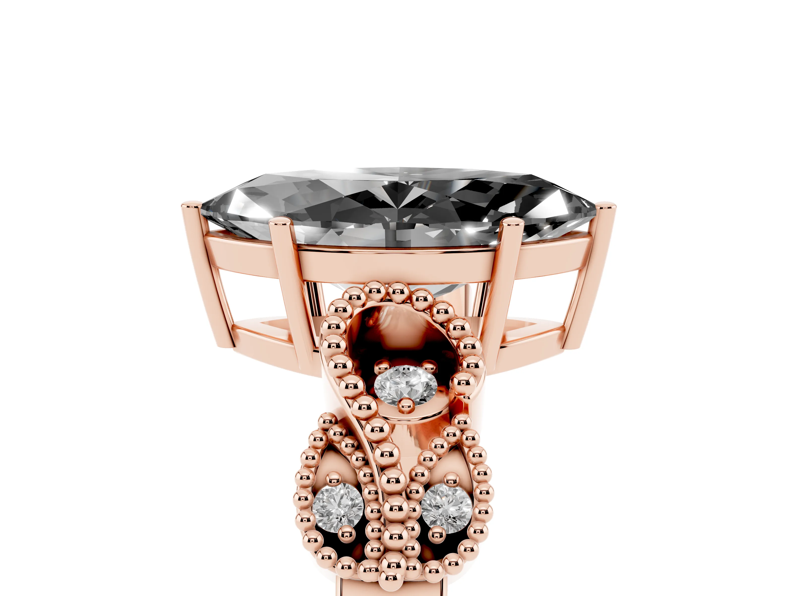Fancy Black Marquise Cut Diamond Milgrain Leaf Band Solitaire Ring Set in Rose gold with Accent Stones and Prong Setting