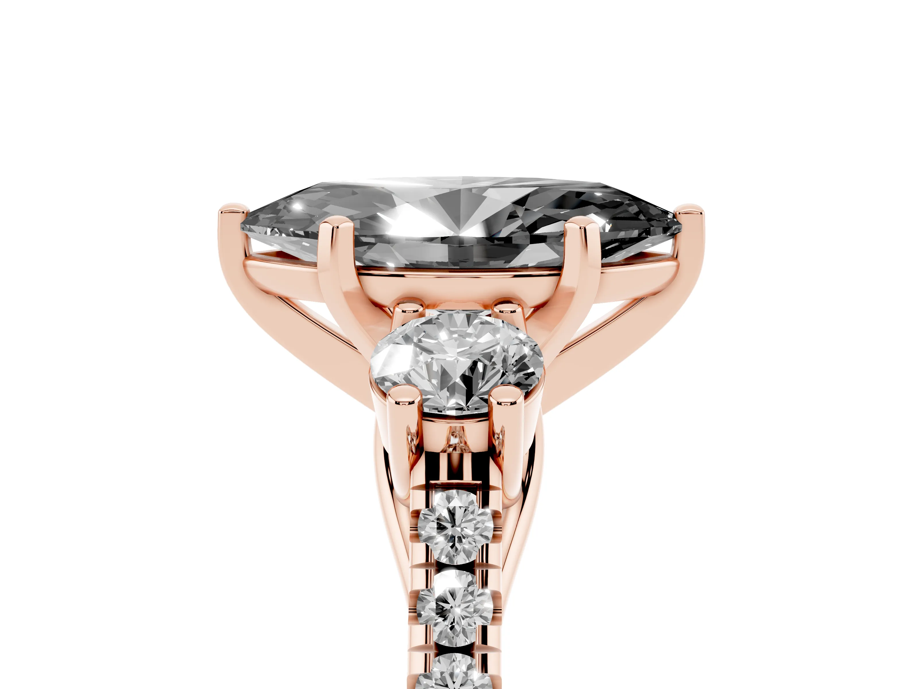 Fancy Black Three-Stone Marquise Cut Diamond Pavé Band Ring Set in Rose gold with Prong-Set Trio