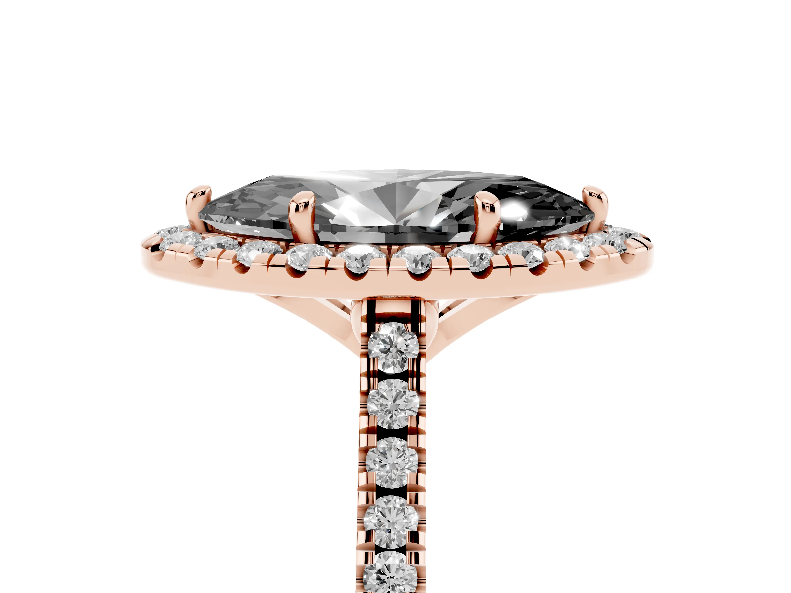 Fancy Black Marquise Cut Diamond Cushion Halo Ring Set in Rose gold with Pavé Band