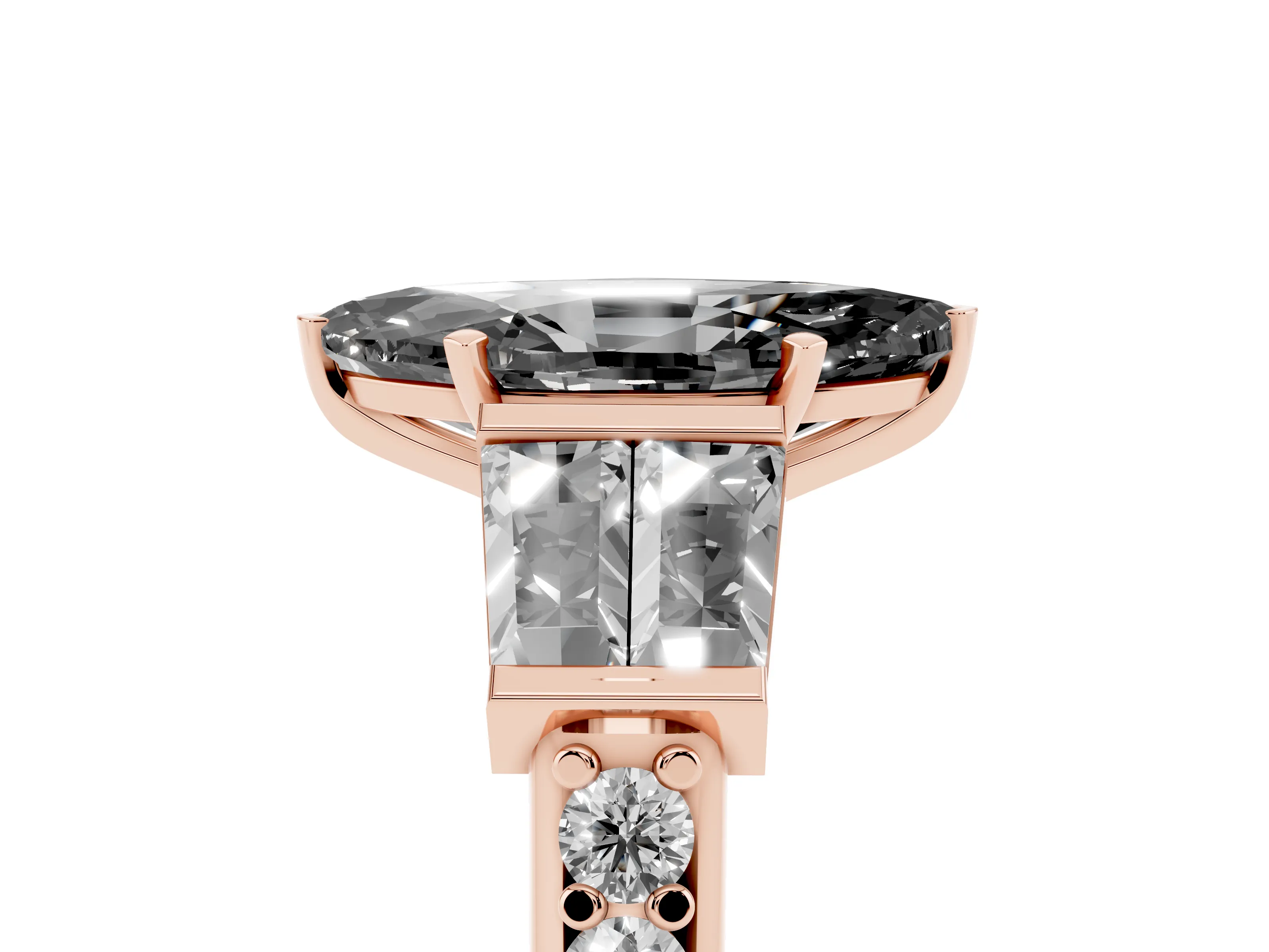 Fancy Black Marquise Cut Diamond Engagement Ring Set in Rose gold with Baguette Side Stones and Channel Set Band