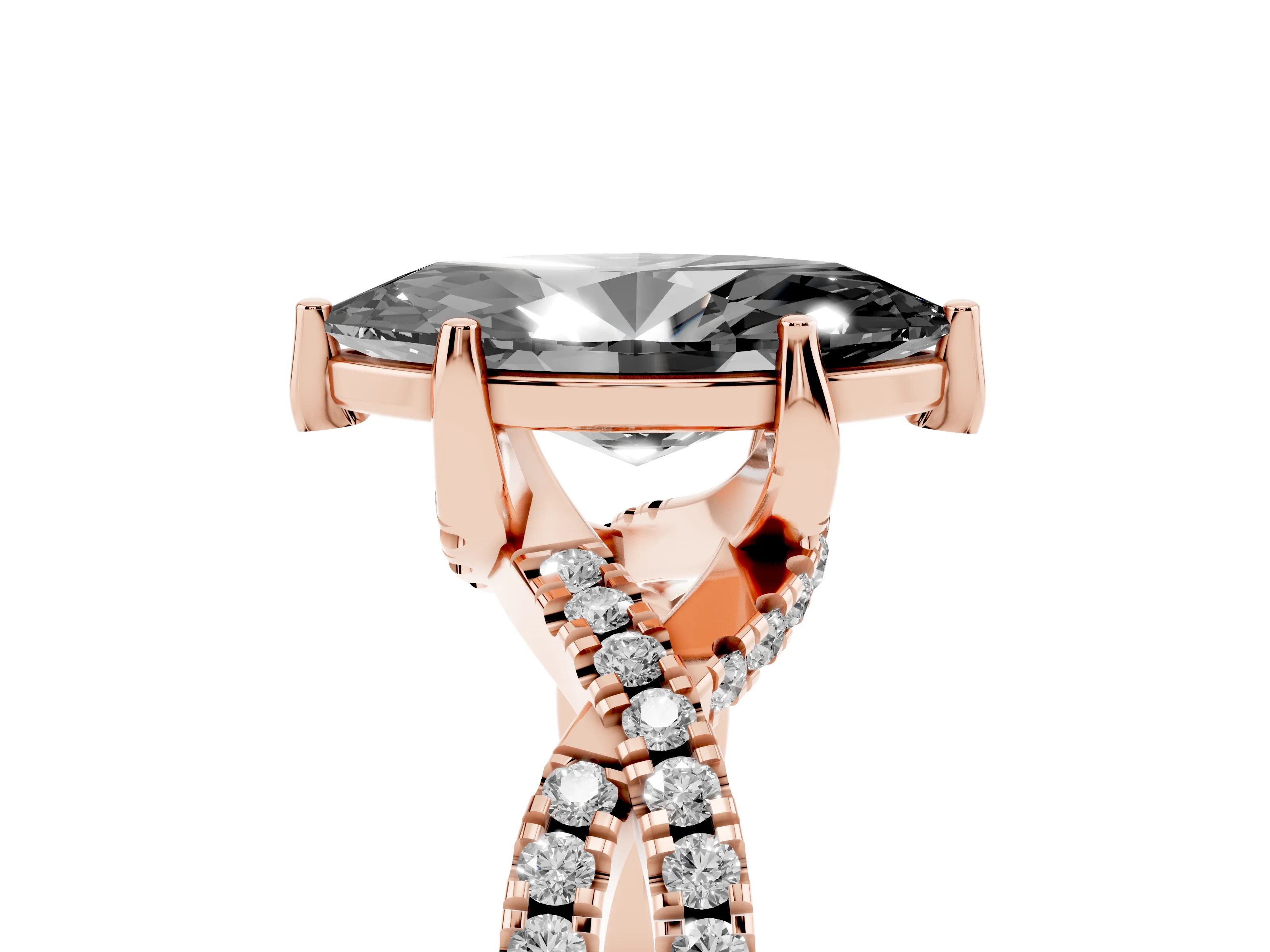 Fancy Black Marquise Cut Diamond Twist Pavé Solitaire Engagement Ring Set in Rose gold with Prong Setting