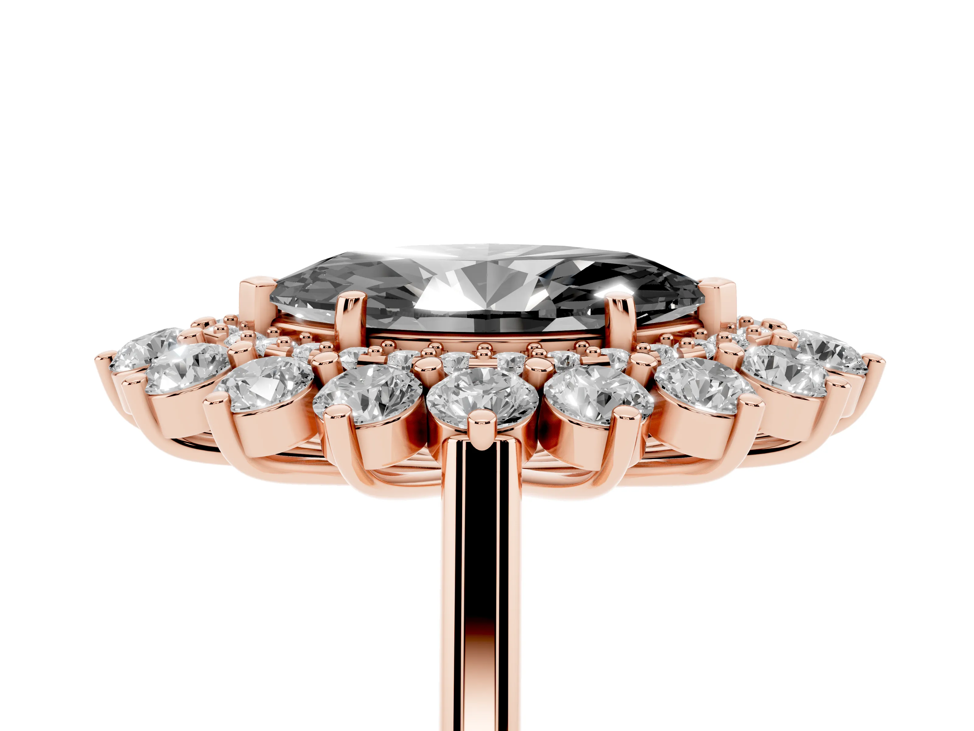 Fancy Black Marquise Cut Diamond Floral Double Halo Ring Set in Rose gold with Round Petals