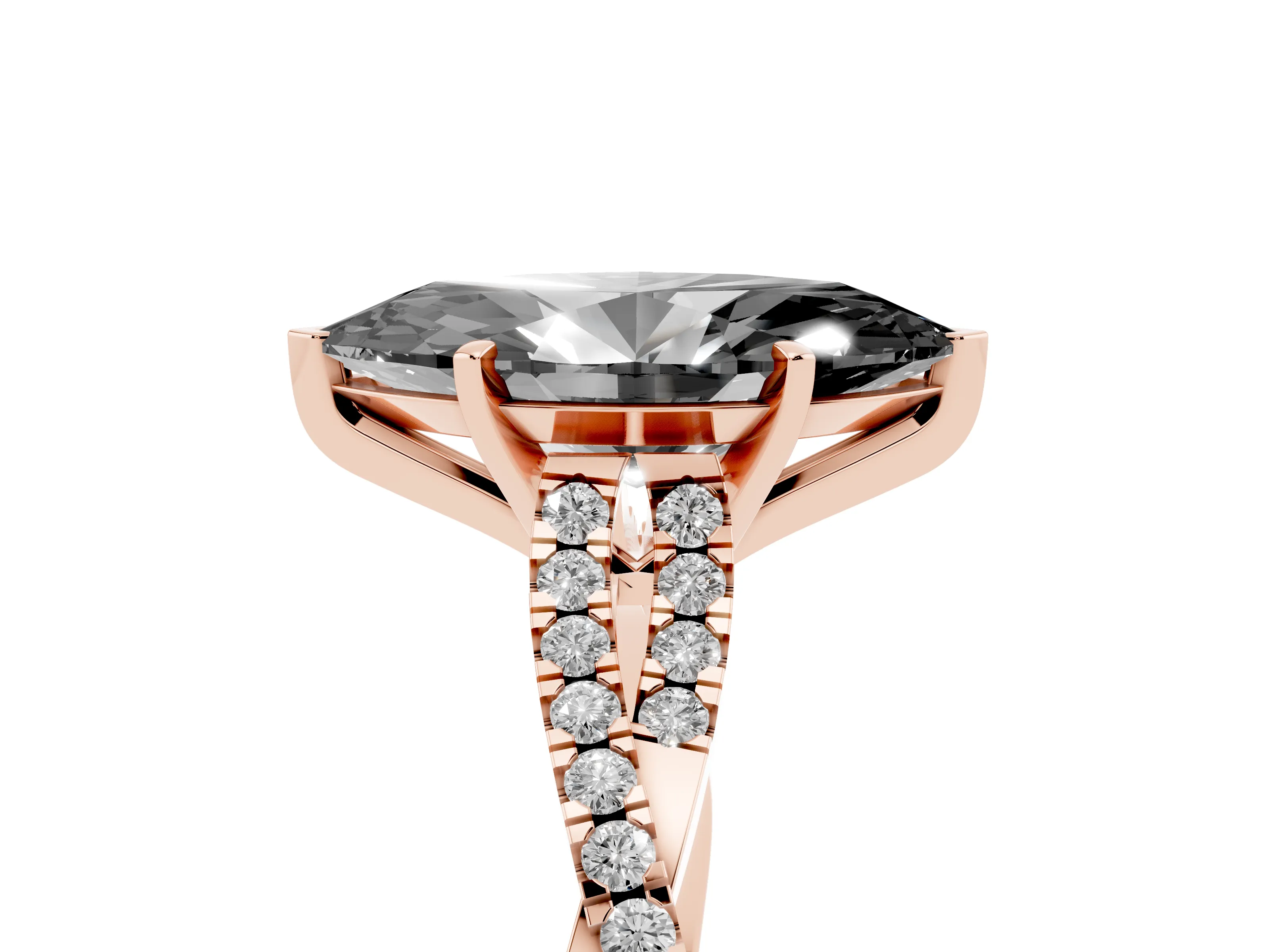 Fancy Black Marquise Cut Diamond Solitaire Engagement Ring Set in Rose gold with Twisted Pavé Band and Prong Setting