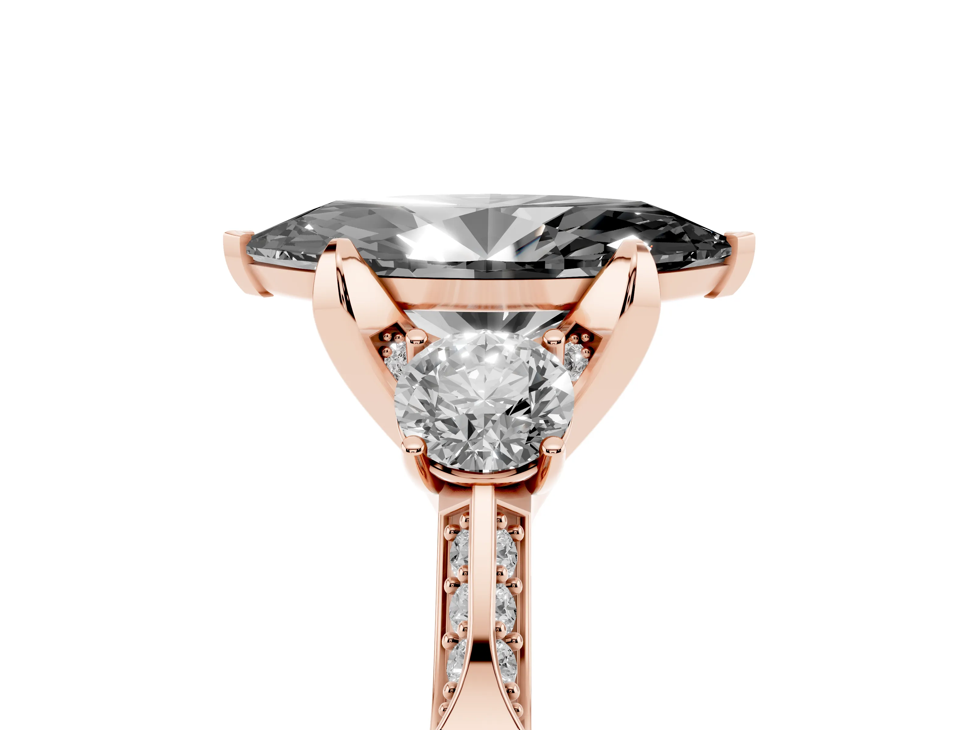 Fancy Black Marquise Cut Diamond Three-Stone Ring Set in Rose gold with Pavé Band and Smaller Side Stones