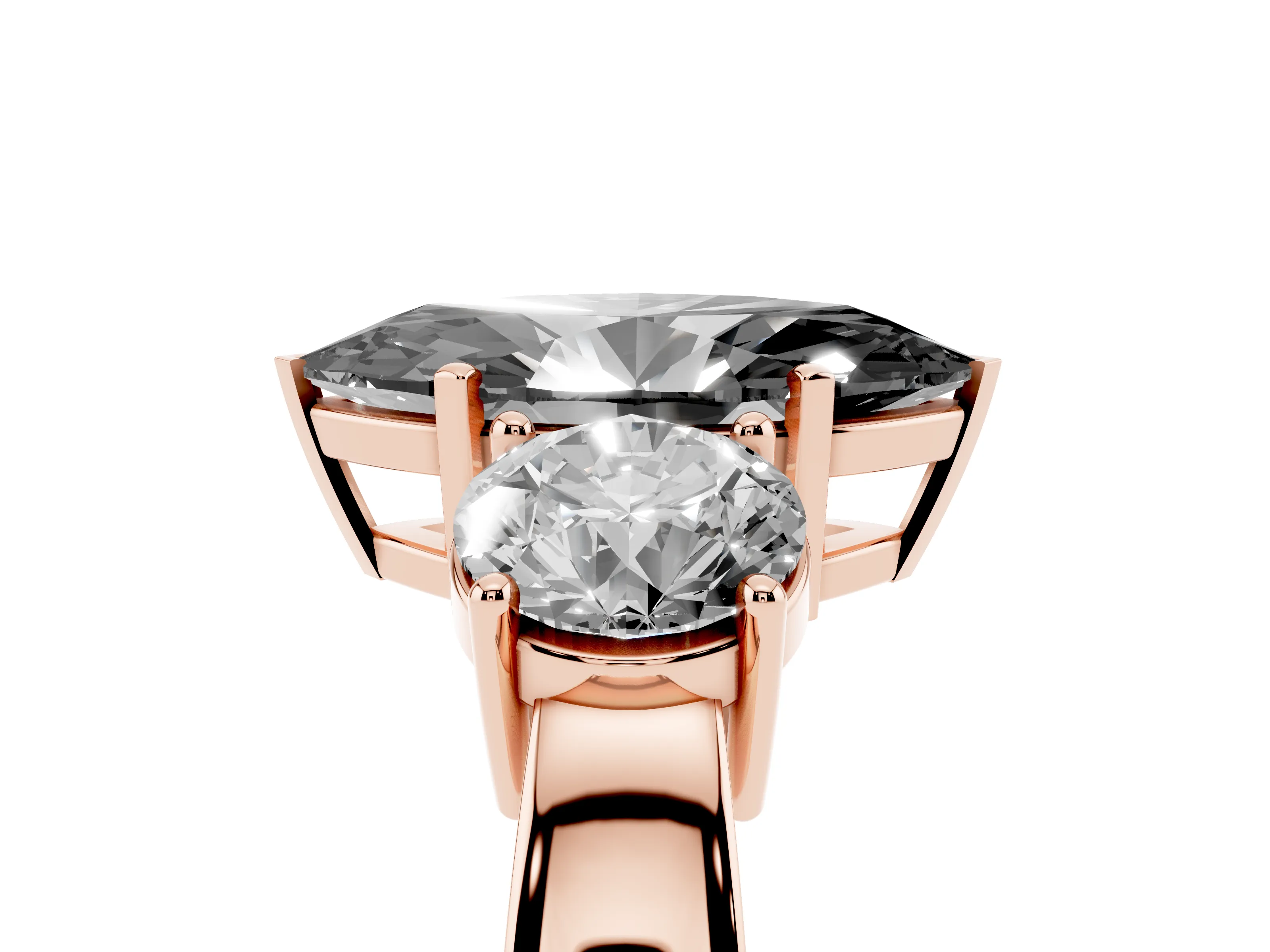 Fancy Black Marquise Cut Diamond Three-Stone Ring Set in Rose gold with Round Side Stones and Classic Band