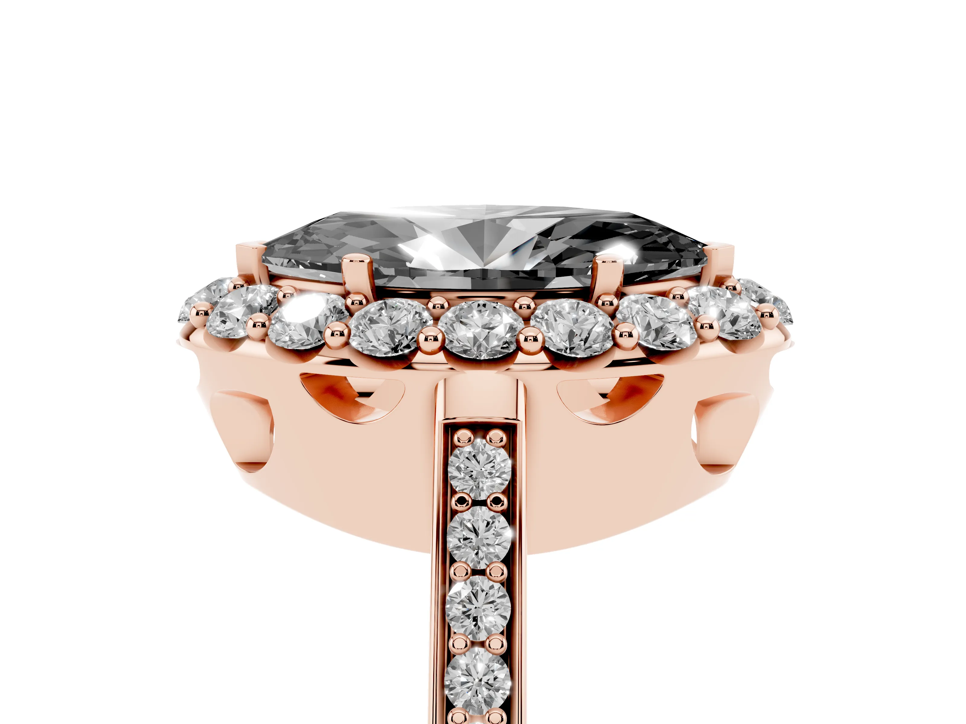 Fancy Black Marquise Cut Diamond Floral Halo Ring Set in Rose gold with Pavé Band and Prong Setting