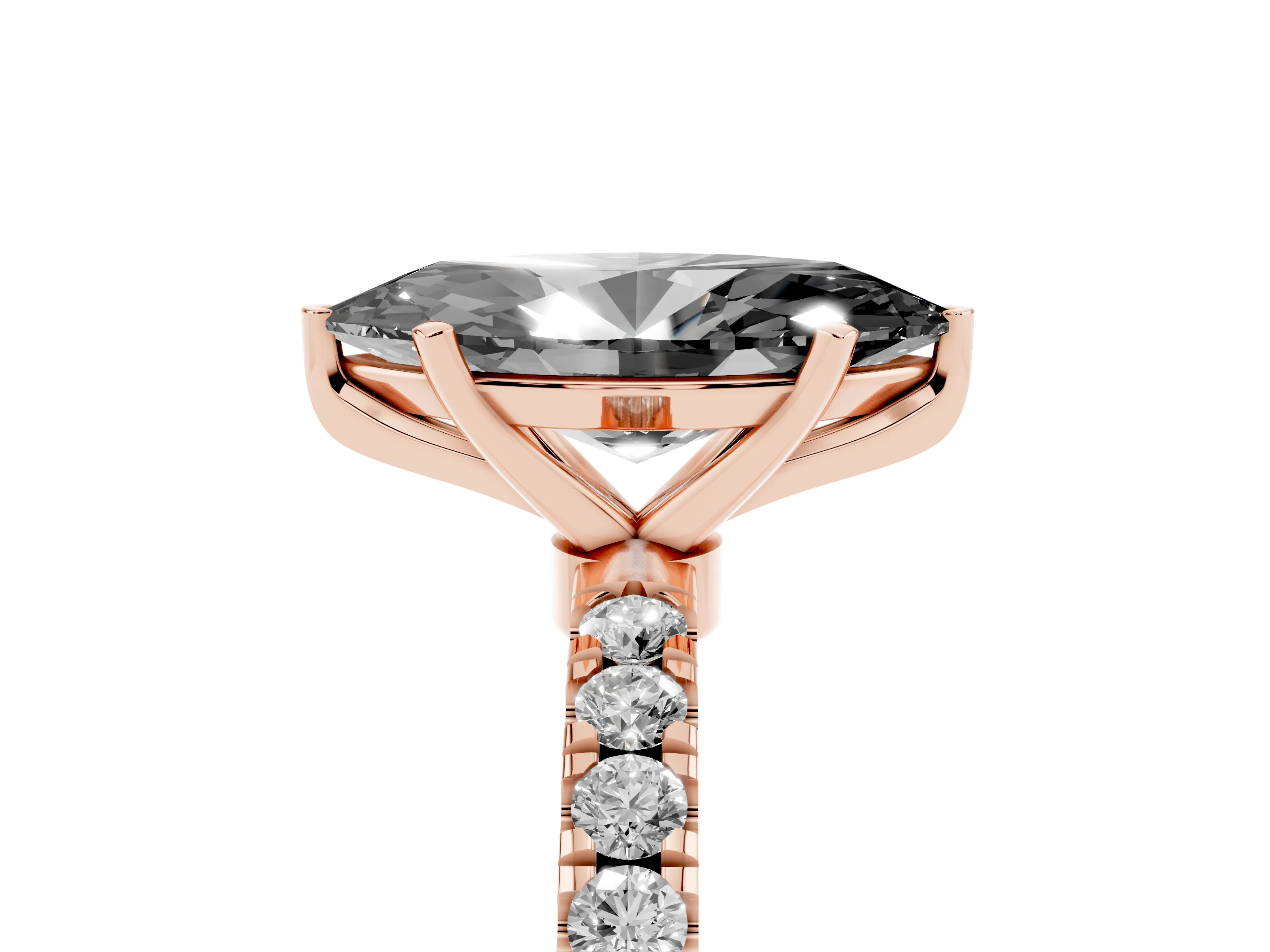 Fancy Black Marquise Cut Diamond Solitaire Ring Set in Rose gold with Pavé Accents and Prong Setting