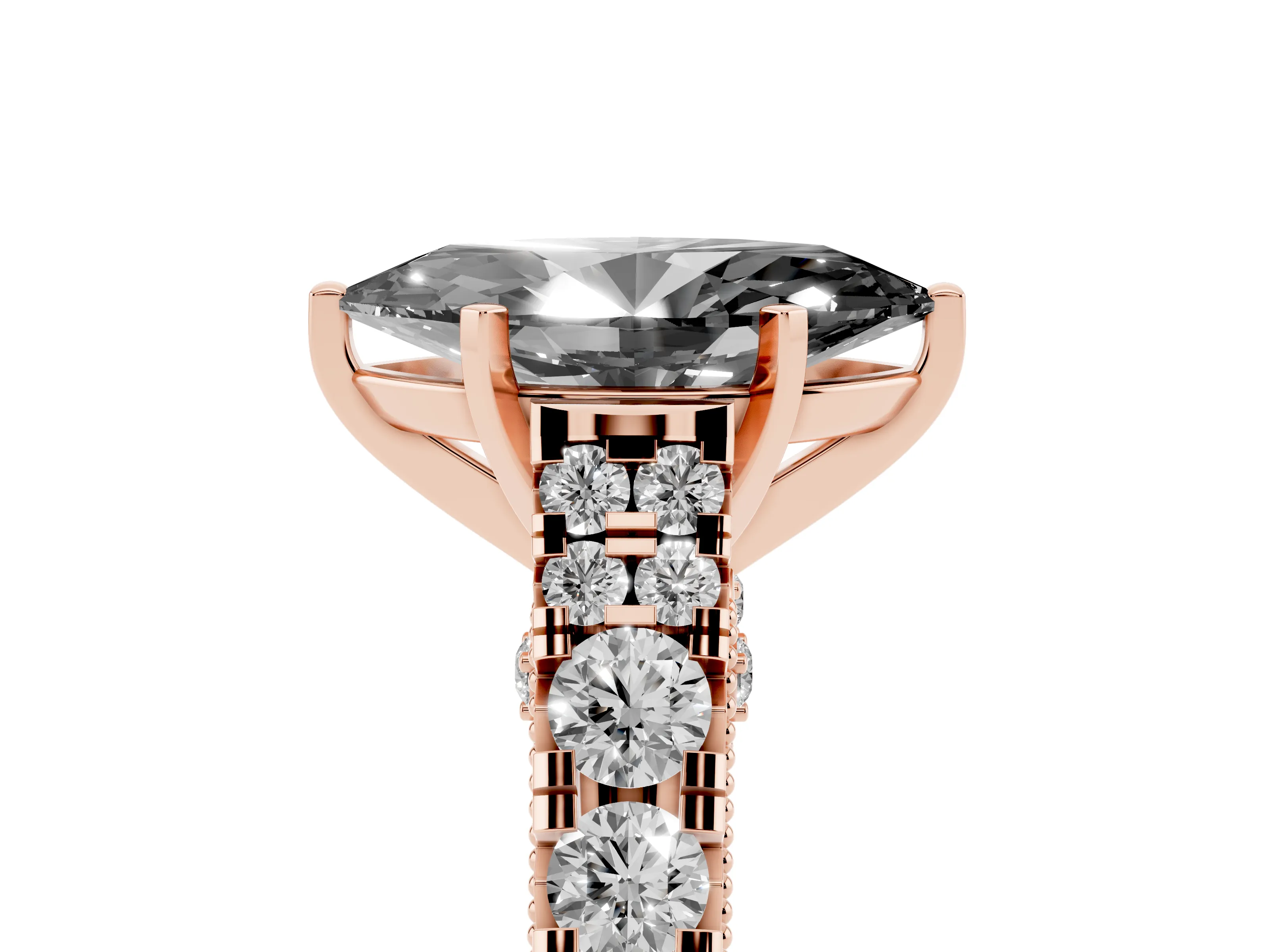 Fancy Black Marquise Cut Diamond Classic Solitaire Ring Set in Rose gold with Pavé Band and Prong Setting