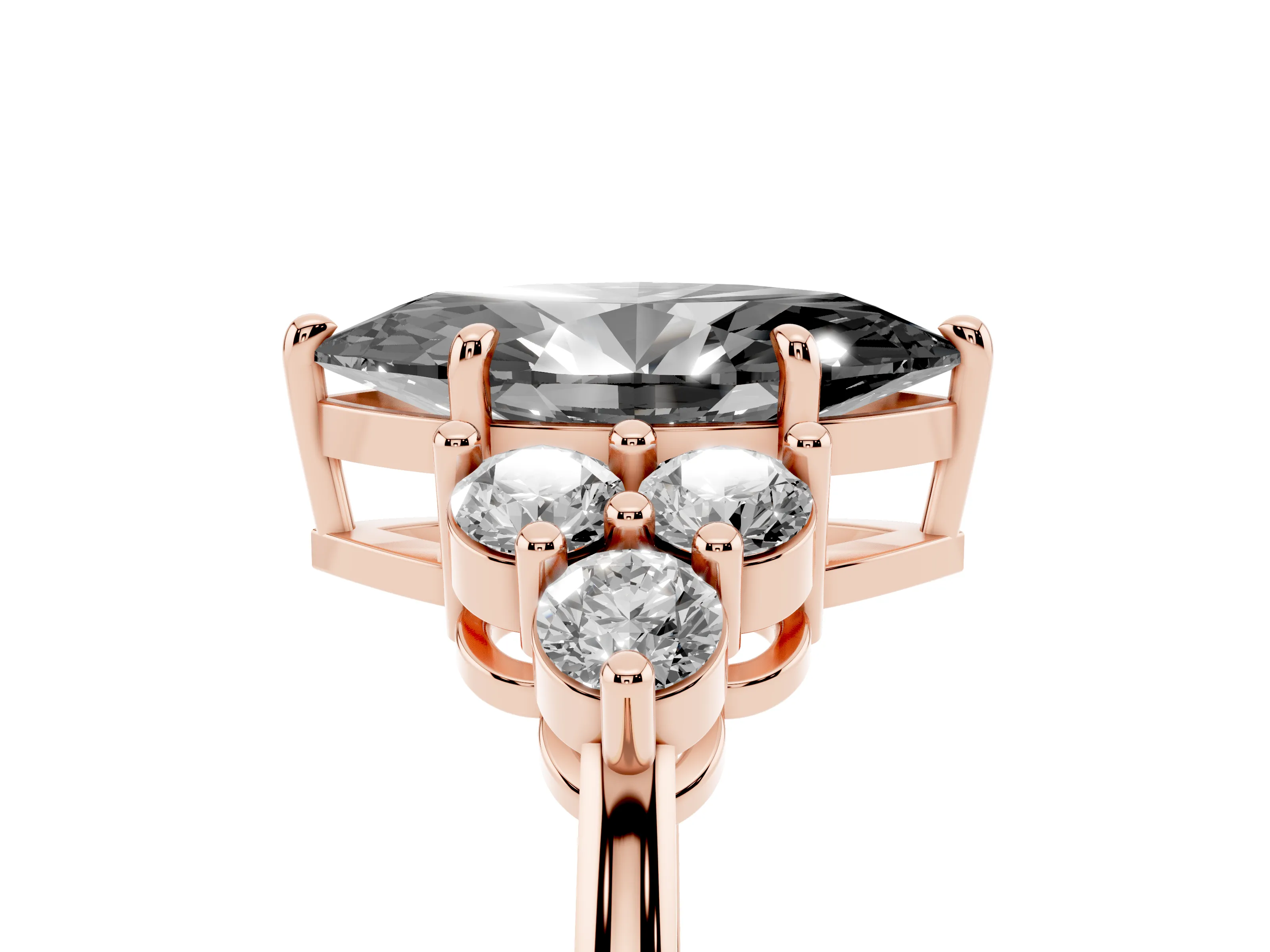 Fancy Black Marquise Cut Diamond Solitaire Ring Set in Rose gold with Cluster Accents on Each Side
