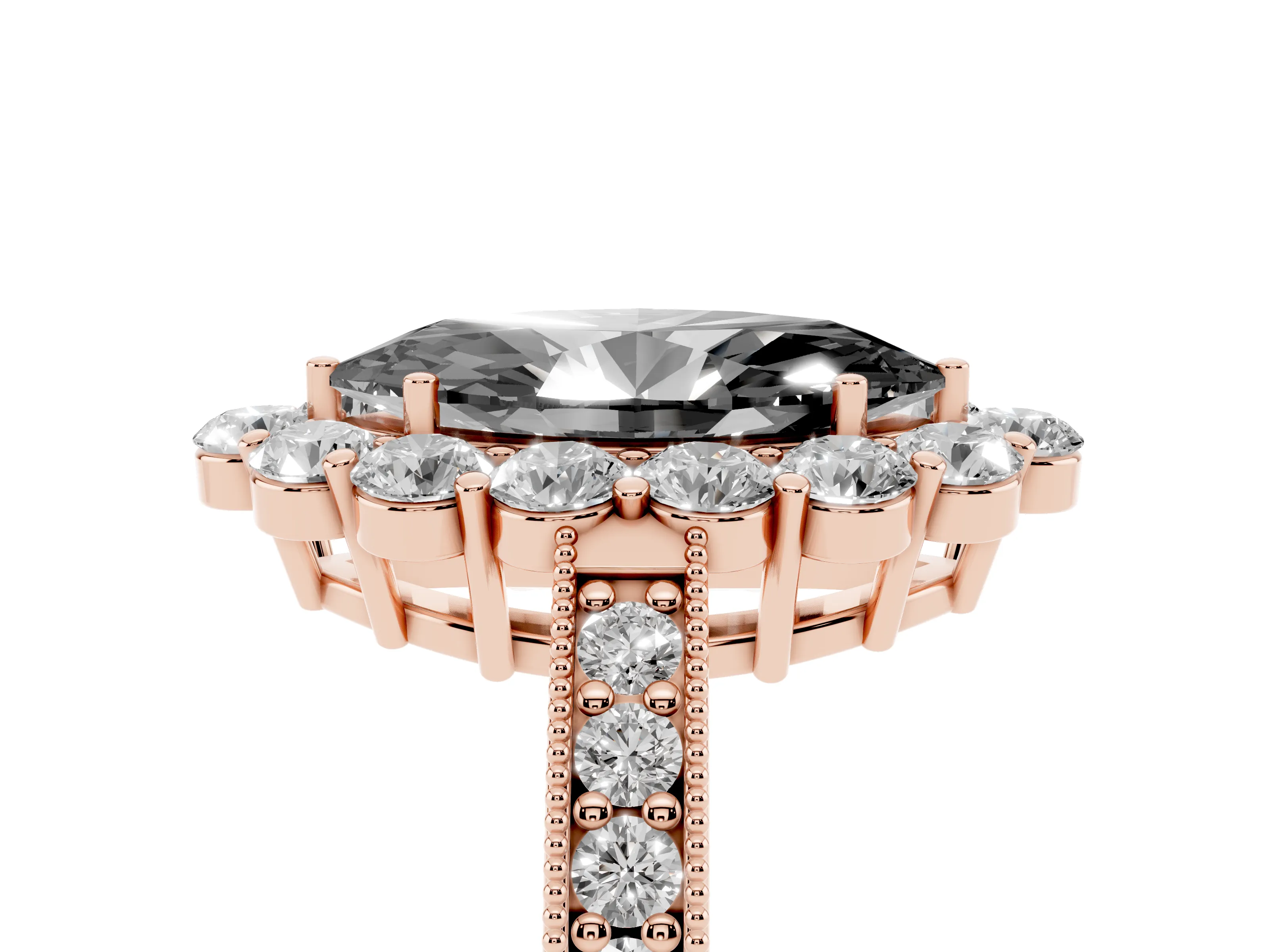 Fancy Black Marquise Cut Diamond Halo Pavé Engagement Ring Set in Rose gold with Milgrain Detailing