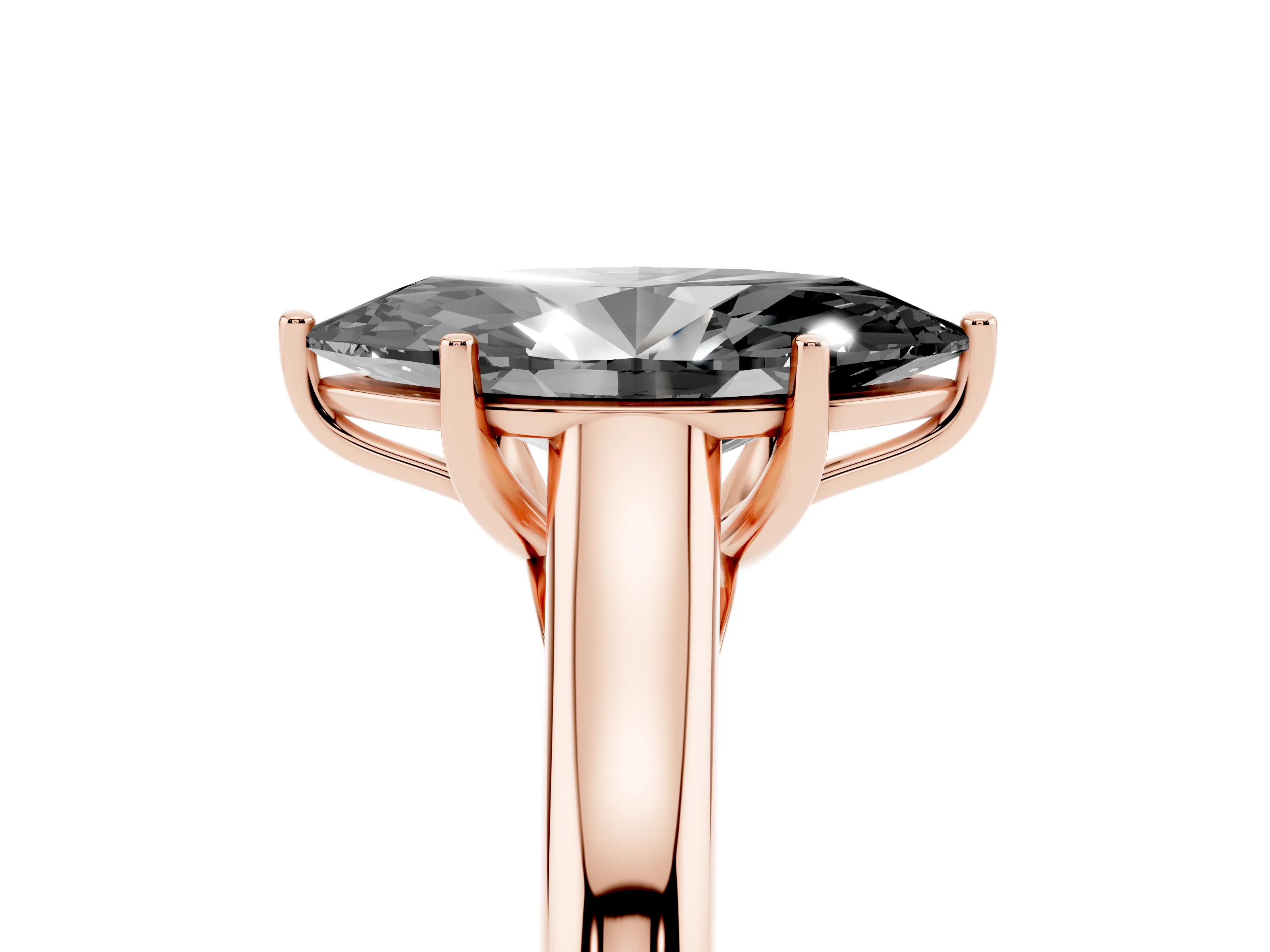 Fancy Black Marquise Cut Diamond Solitaire Engagement Ring Set in Rose gold with Subtly Tapered Band and Prong Setting