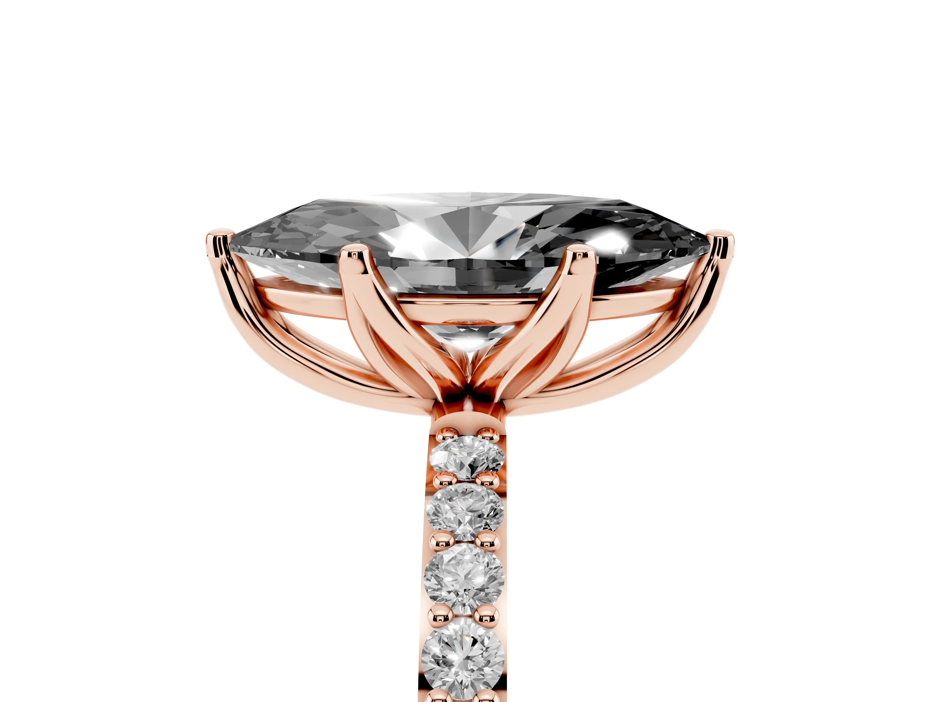 Fancy Black Marquise Cut Diamond Solitaire Engagement Ring Set in Rose gold with Round Pavé Band and Prong Setting