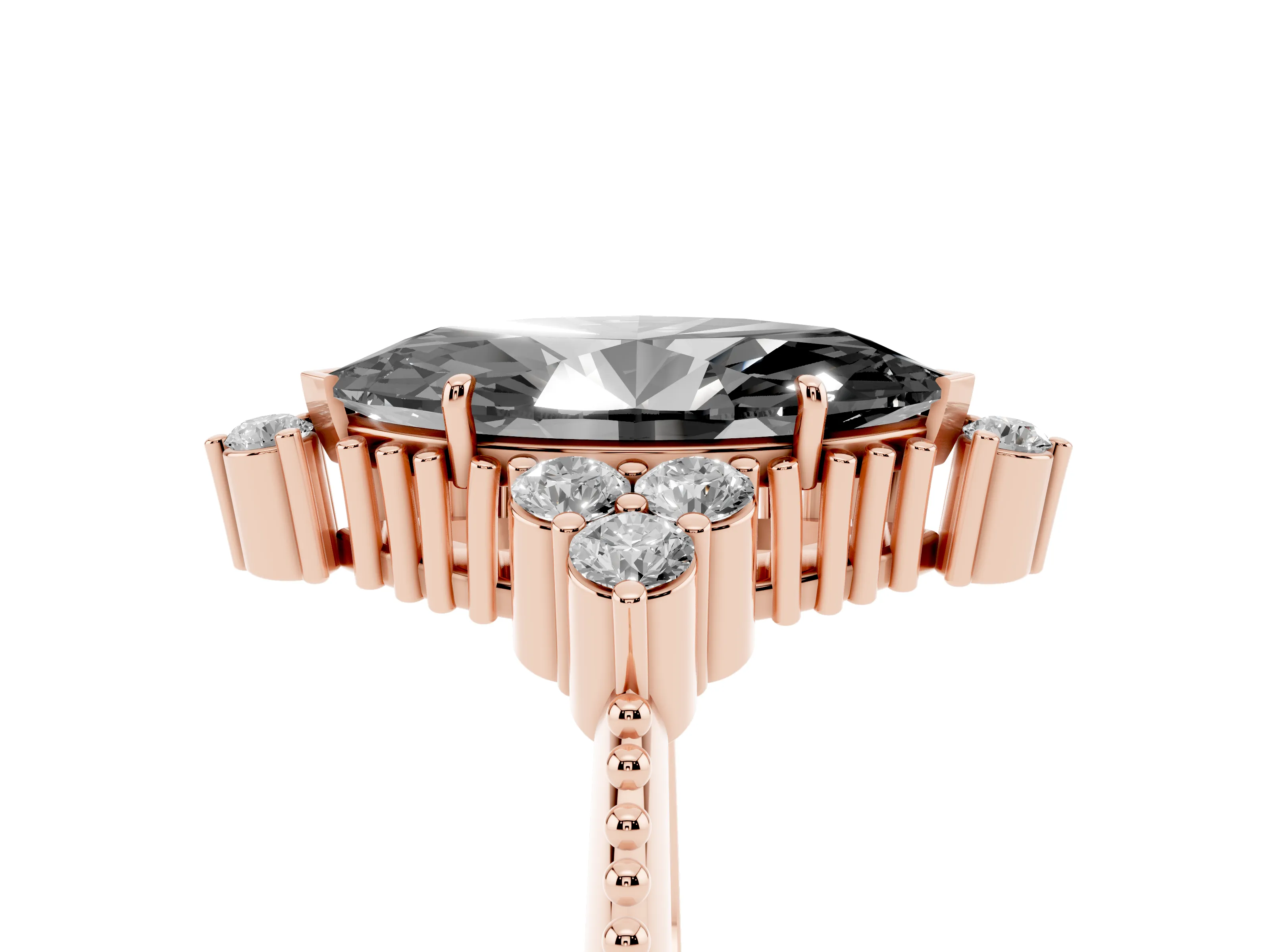 Fancy Black Marquise Cut Diamond Cluster Ring Set in Rose gold with Beaded Band