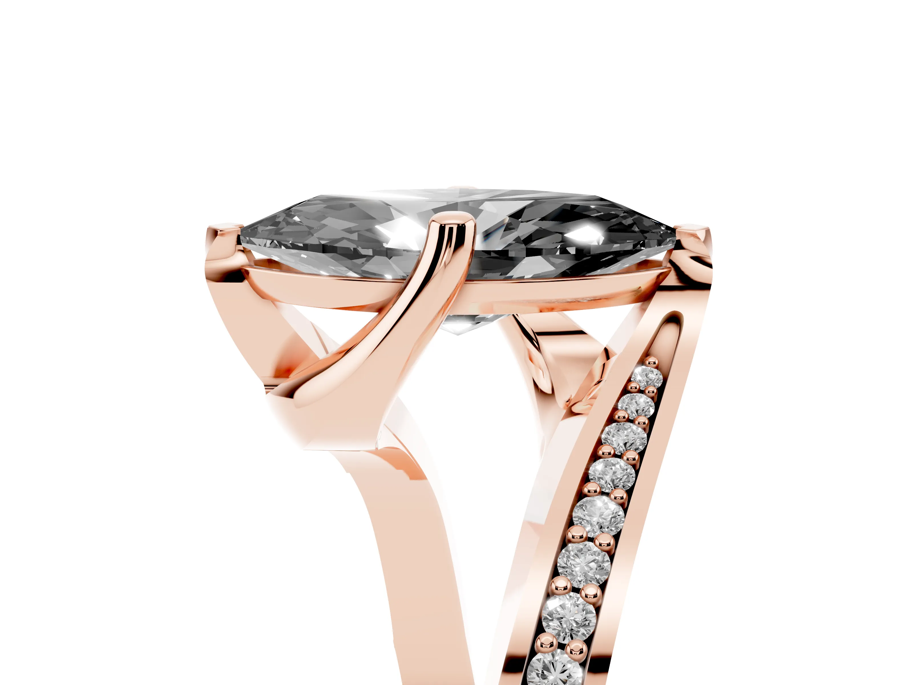 Fancy Black Marquise Cut Diamond Solitaire Ring Set in Rose gold with Intertwined Pavé Twist Band