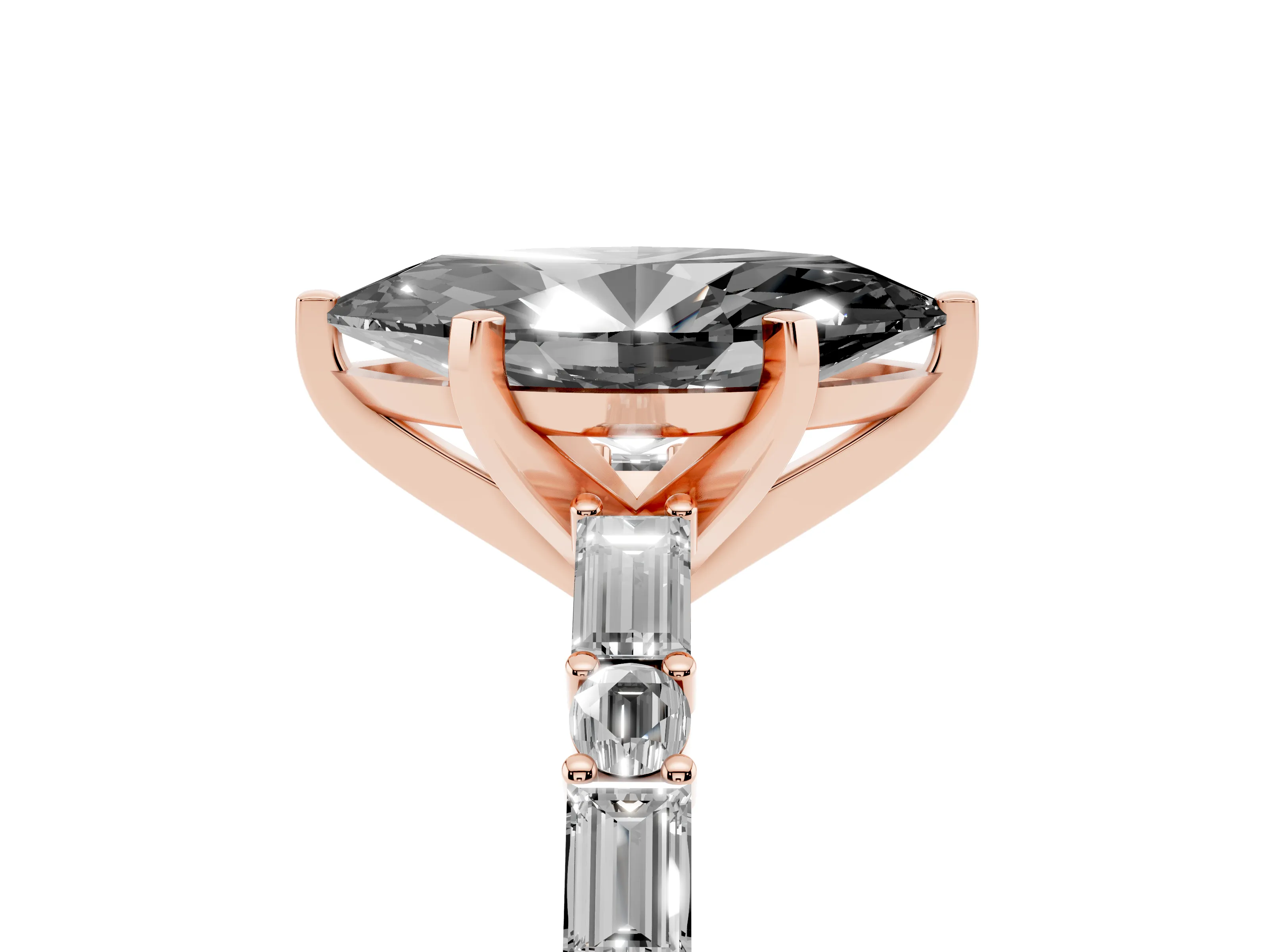 Fancy Black Marquise Cut Diamond Solitaire Set in Rose gold with Side Baguettes and Channel Set Band