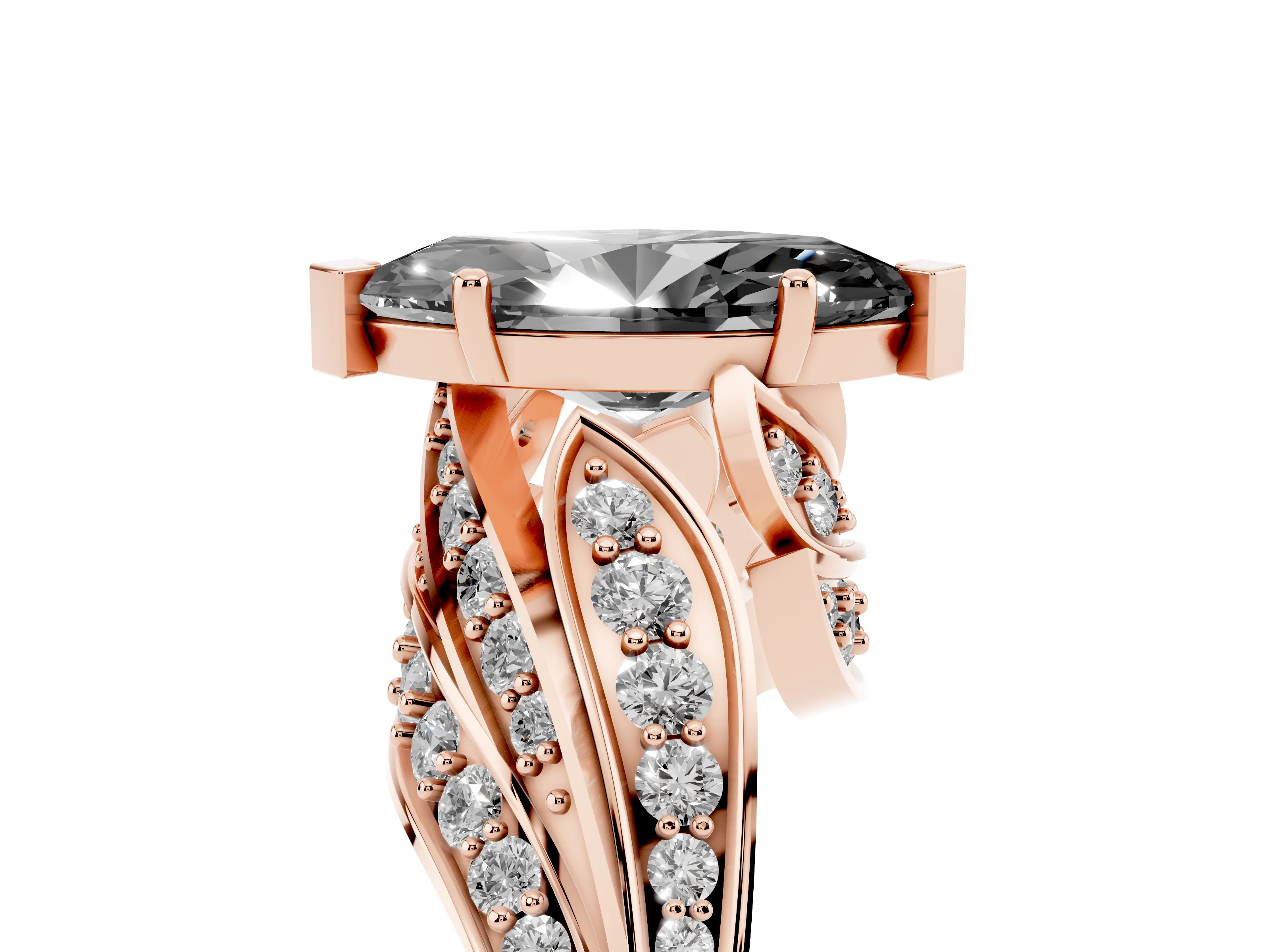 Fancy Black Marquise Cut Diamond Solitaire Ring Set in Rose gold with Layered Twist Pavé Band