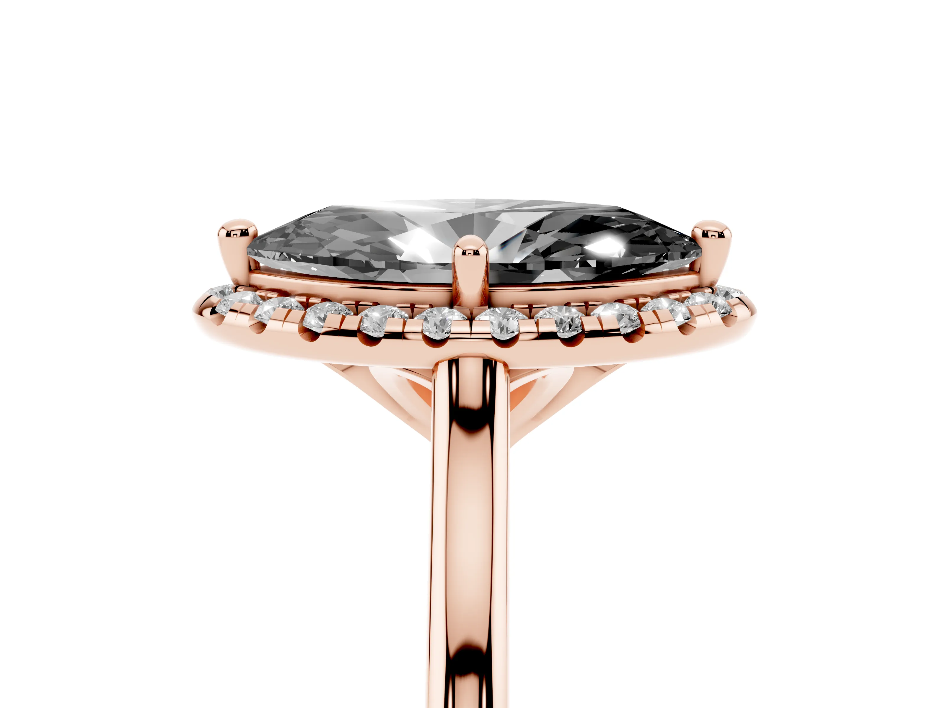 Fancy Black Marquise Cut Diamond Halo Engagement Ring Set in Rose gold with Pavé Band and Rising Shoulders