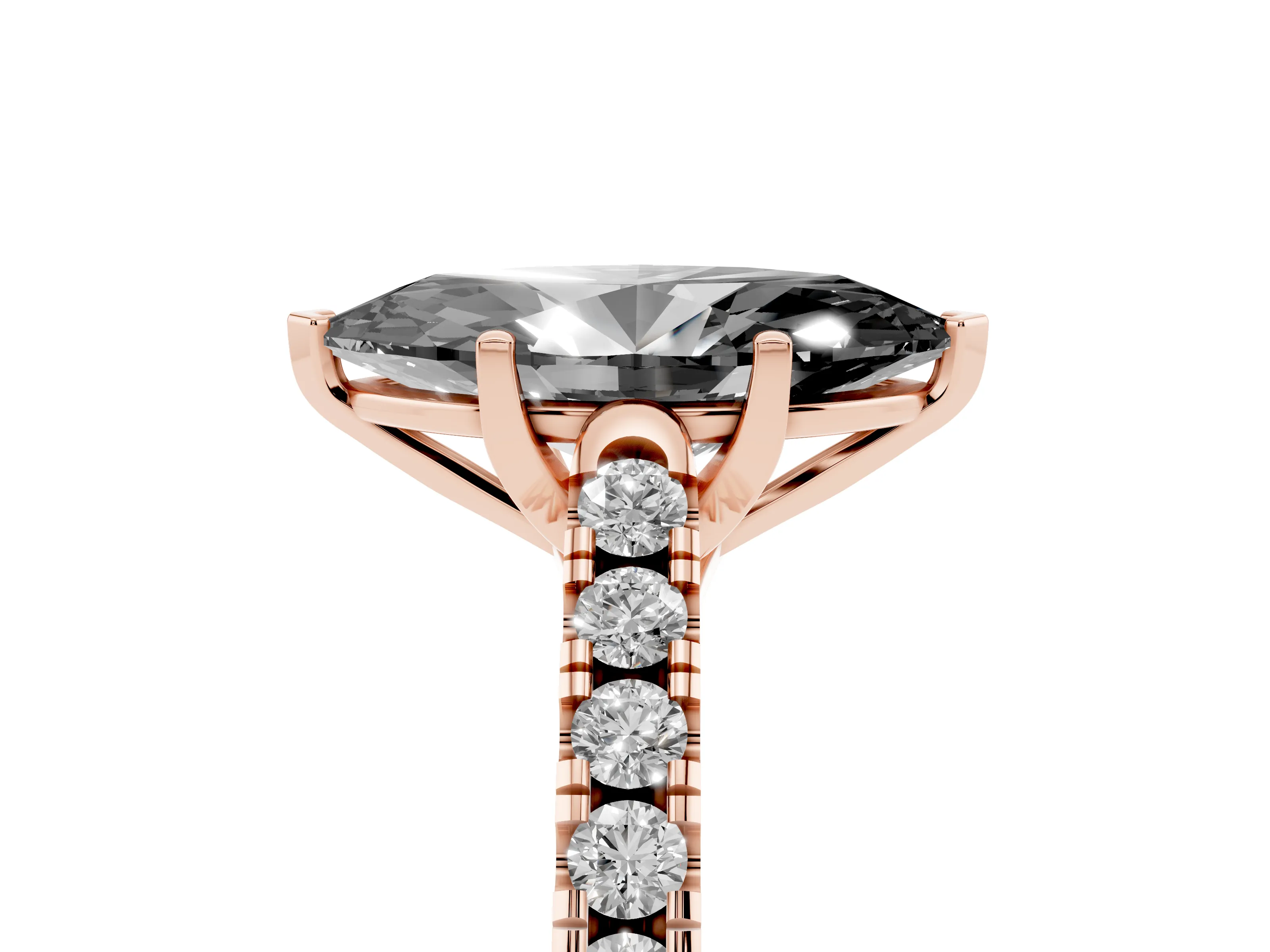 Fancy Black Marquise Cut Diamond Pavé Band Solitaire Ring Set in Rose gold with Partway Accent Stones and Prong Setting