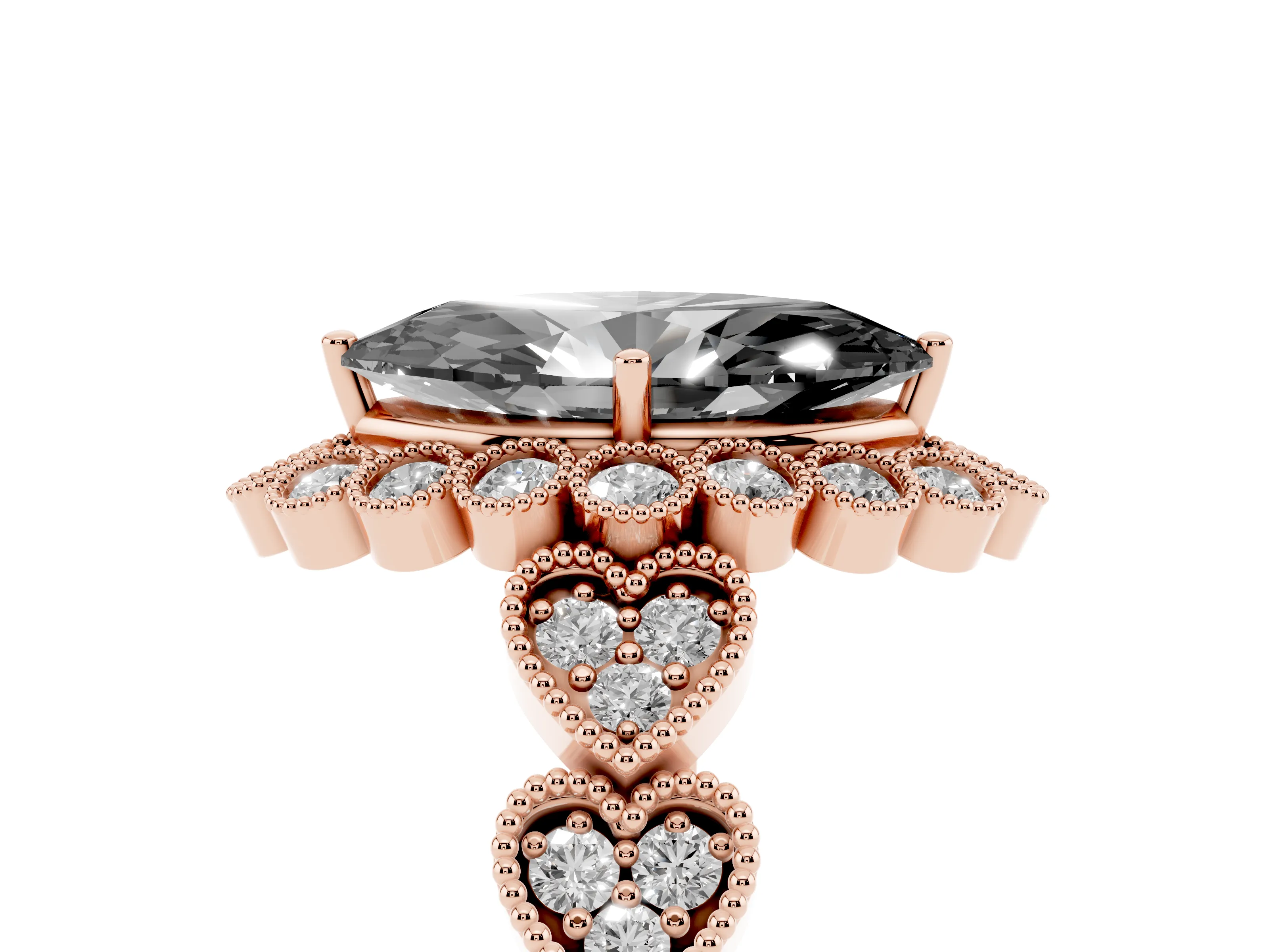 Fancy Black Marquise Cut Diamond Solitaire Ring Set in Rose gold with Milgrain Pavé Heart Band