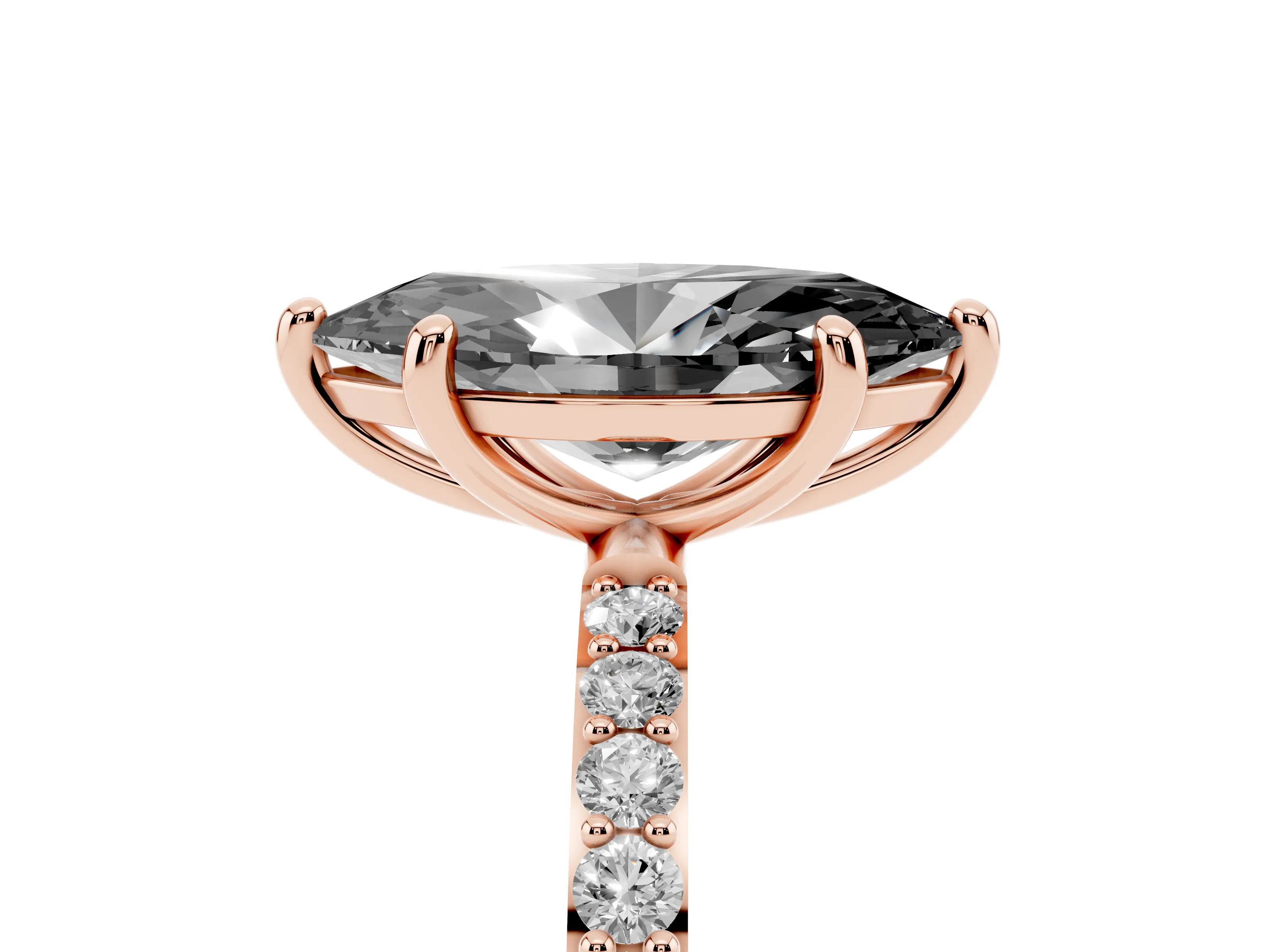 Fancy Black Marquise Cut Diamond Solitaire Ring Set in Rose gold with Round Pavé Band and Prong Setting