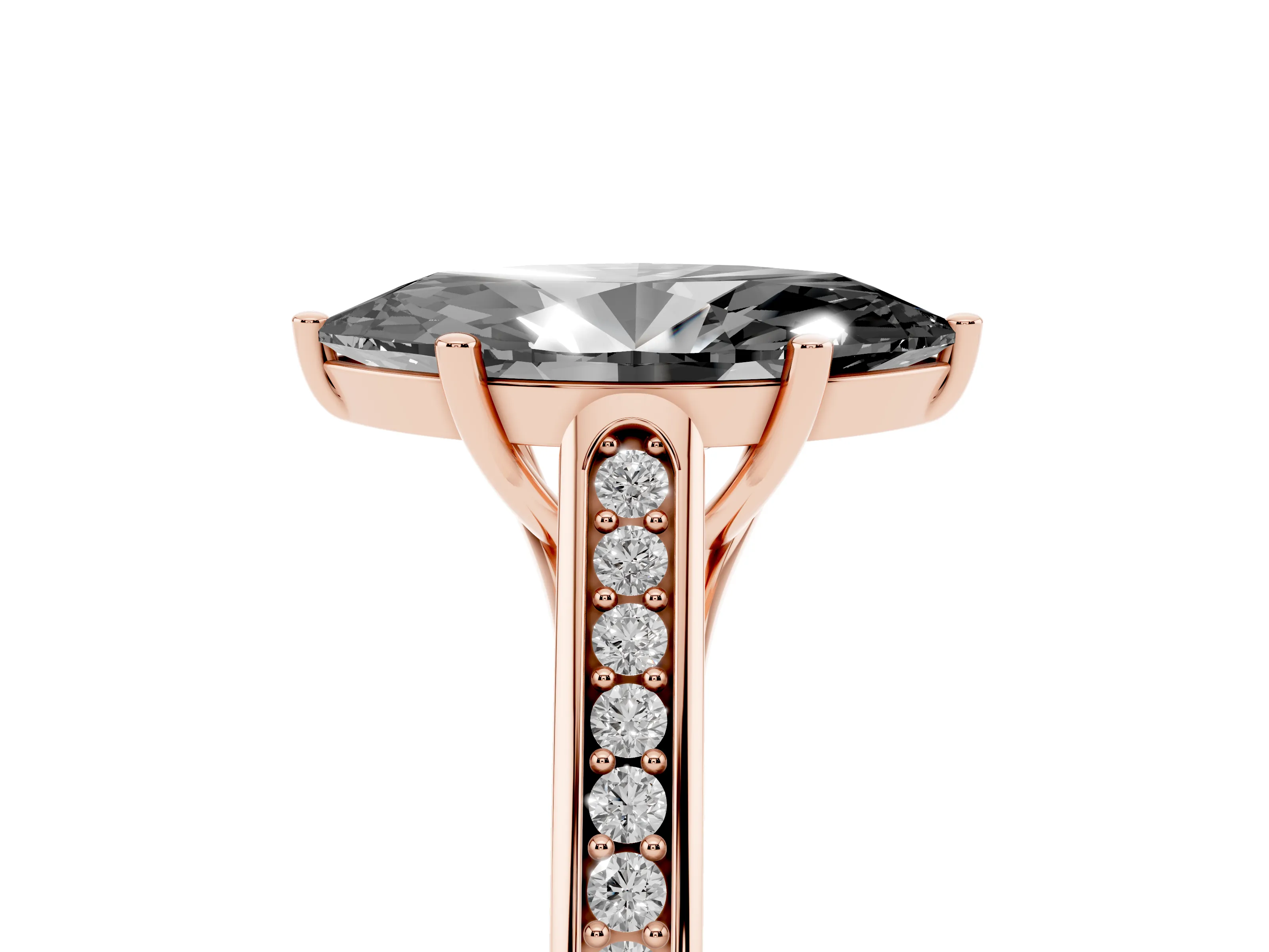 Fancy Black Marquise Cut Diamond Solitaire Cathedral Engagement Ring Set in Rose gold with Channel-Set Band and Prong Setting