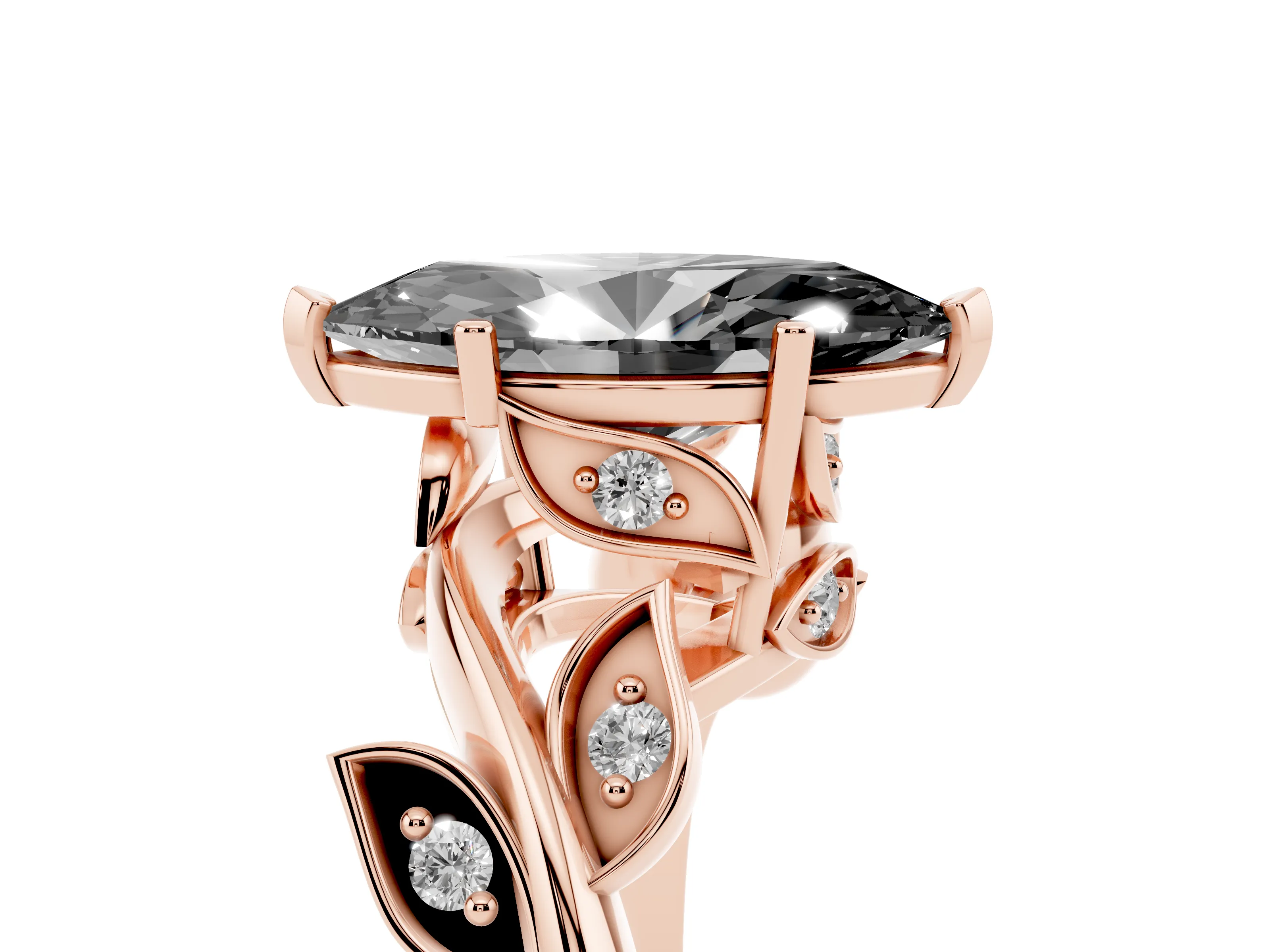 Fancy Black Marquise Cut Diamond Solitaire Twist Engagement Ring Set in Rose gold with Pavé Leaf Accents