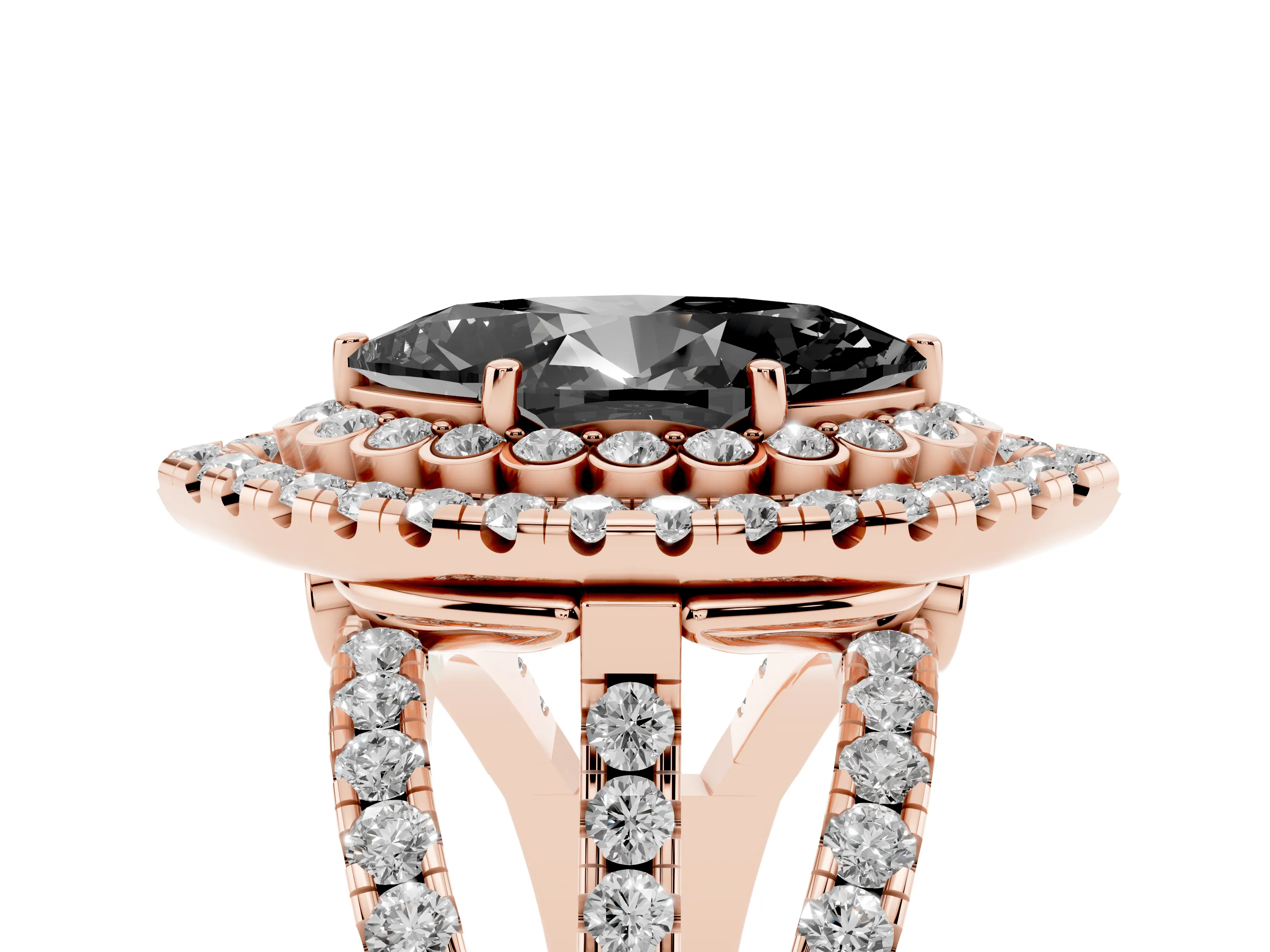 Fancy Black Marquise Cut Diamond Double Halo Ring Set in Rose gold with Round Pavé Split Shank