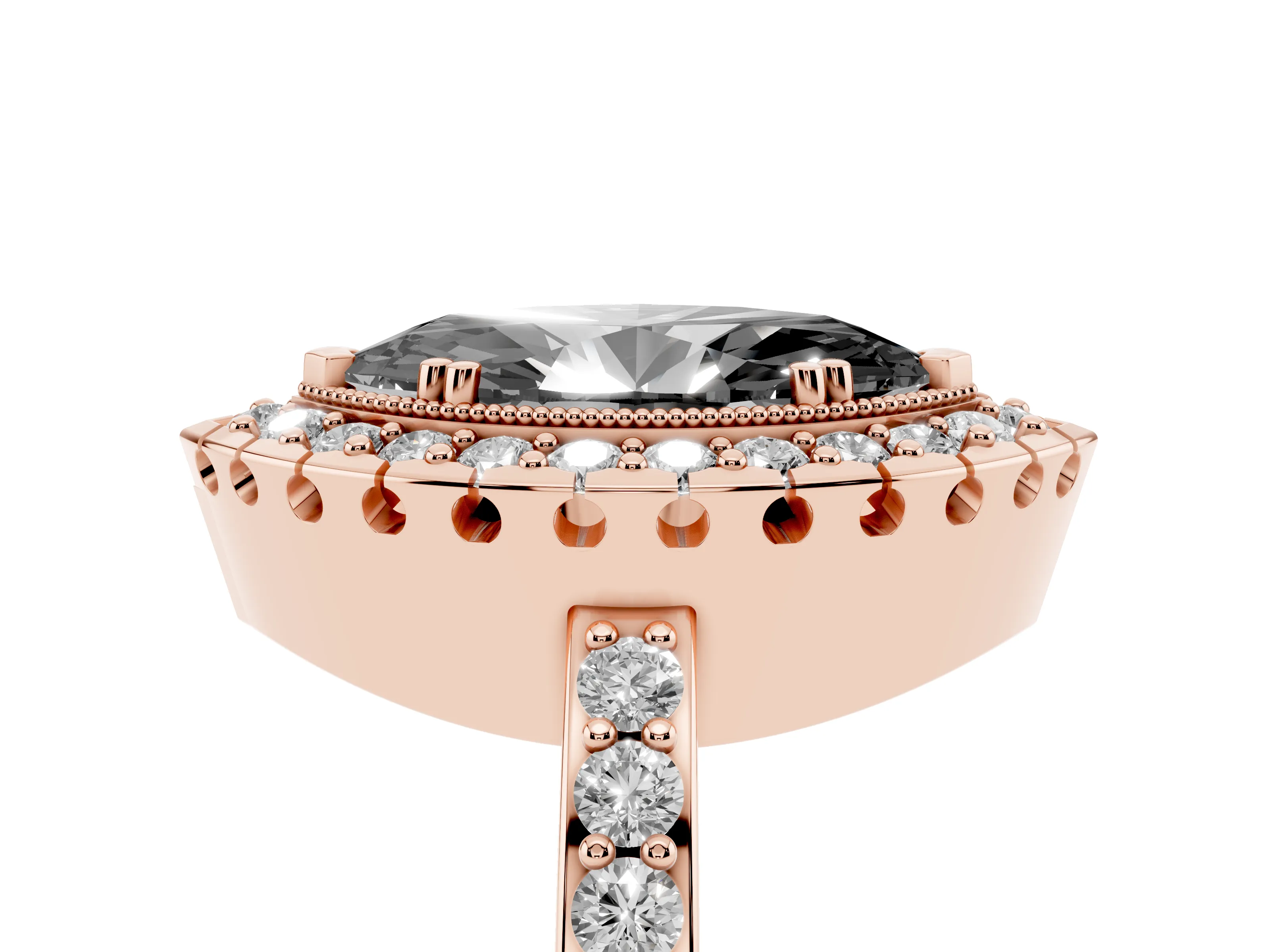 Fancy Black Marquise Cut Diamond Halo Ring Set in Rose gold with Pavé Shank and Prong Setting
