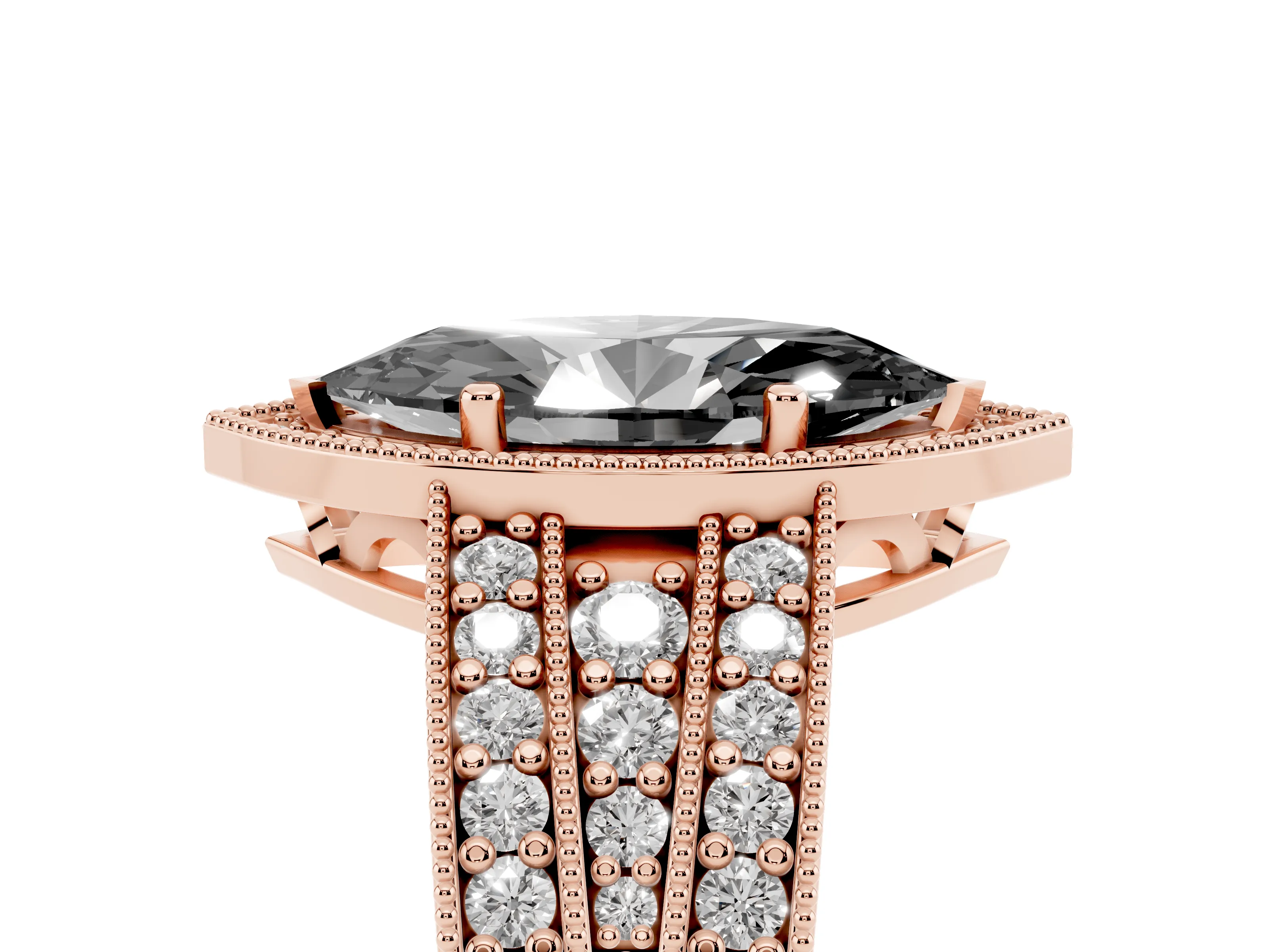 Fancy Black Marquise Cut Diamond Halo Ring Set in Rose gold with Accent Split Shank and Prong Setting
