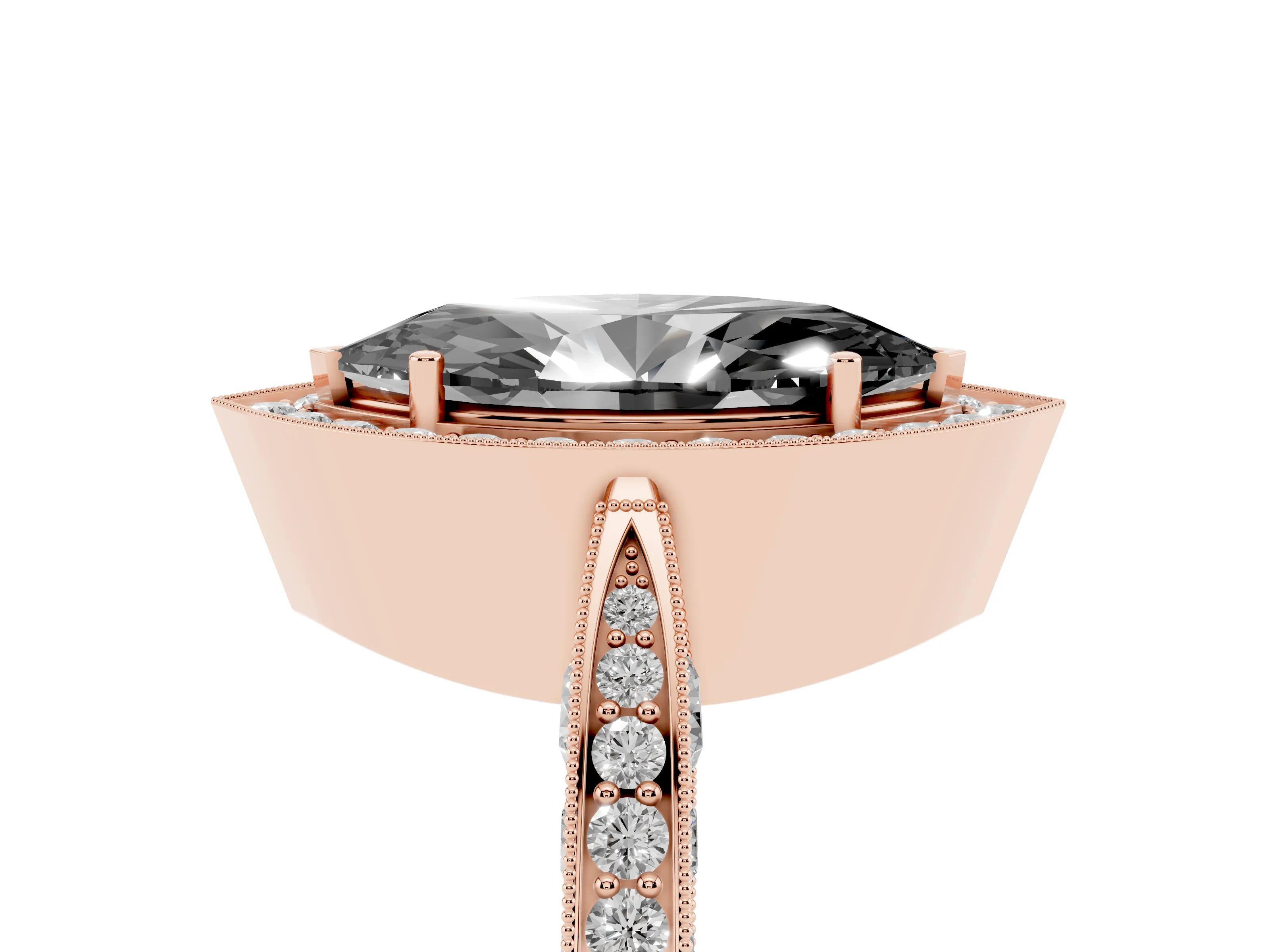 Fancy Black Marquise Cut Diamond Halo Engagement Ring Set in Rose gold with Accent Split Shank Band