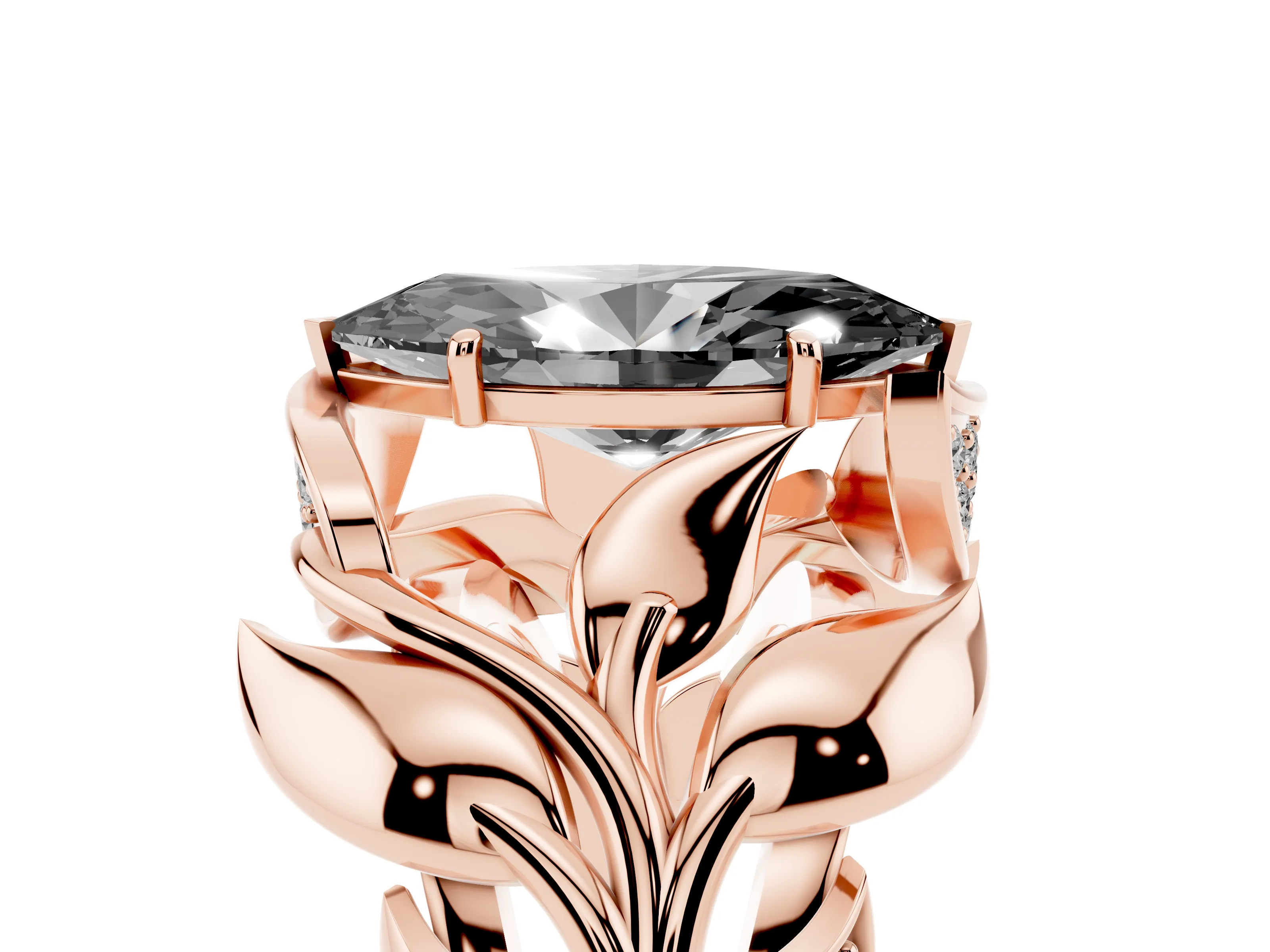 Fancy Black Marquise Cut Diamond Leaf-Inspired Engagement Ring Set in Rose gold with Round Accents