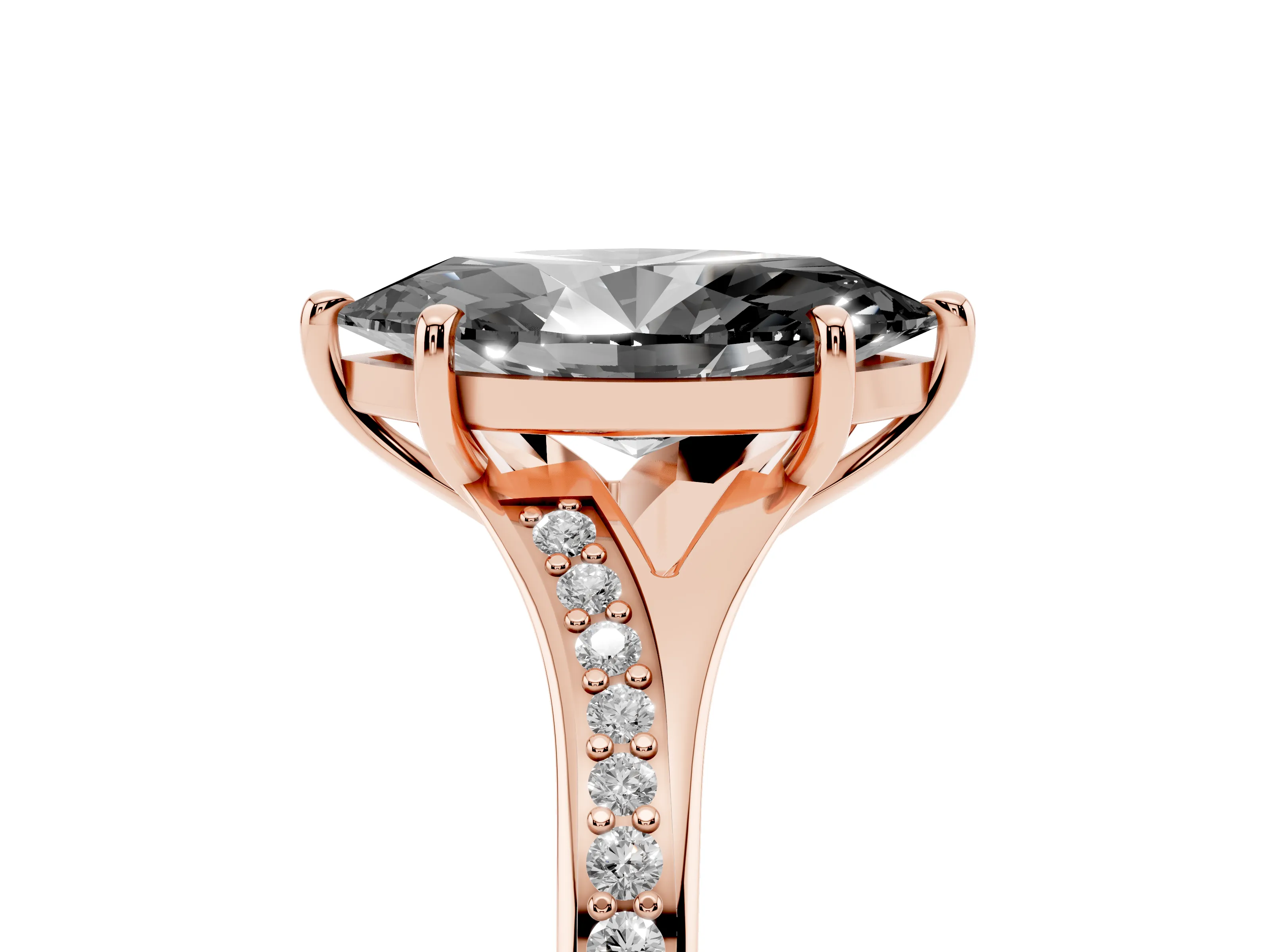 Fancy Black Marquise Cut Diamond Solitaire Ring Set in Rose gold with Pavé Accent Band and Classic Prong Setting