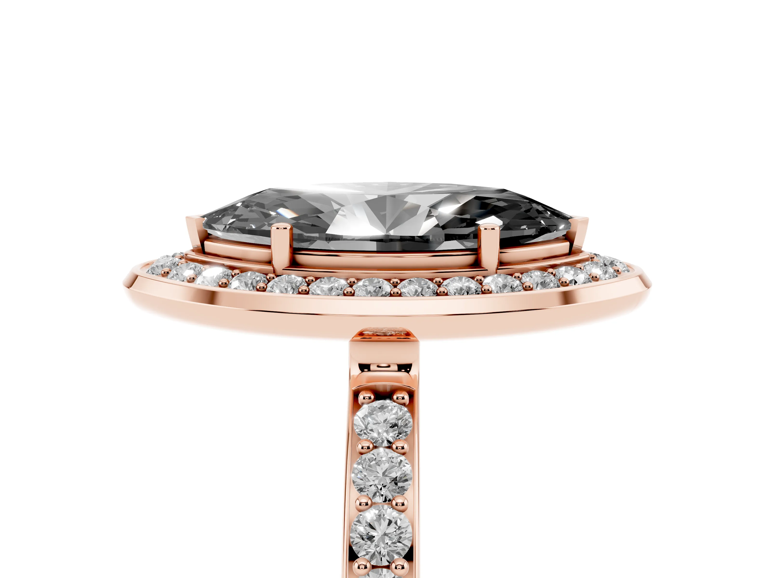 Fancy Black Marquise Cut Diamond Halo Ring Set in Rose gold with Bezel Frame and Pavé Band