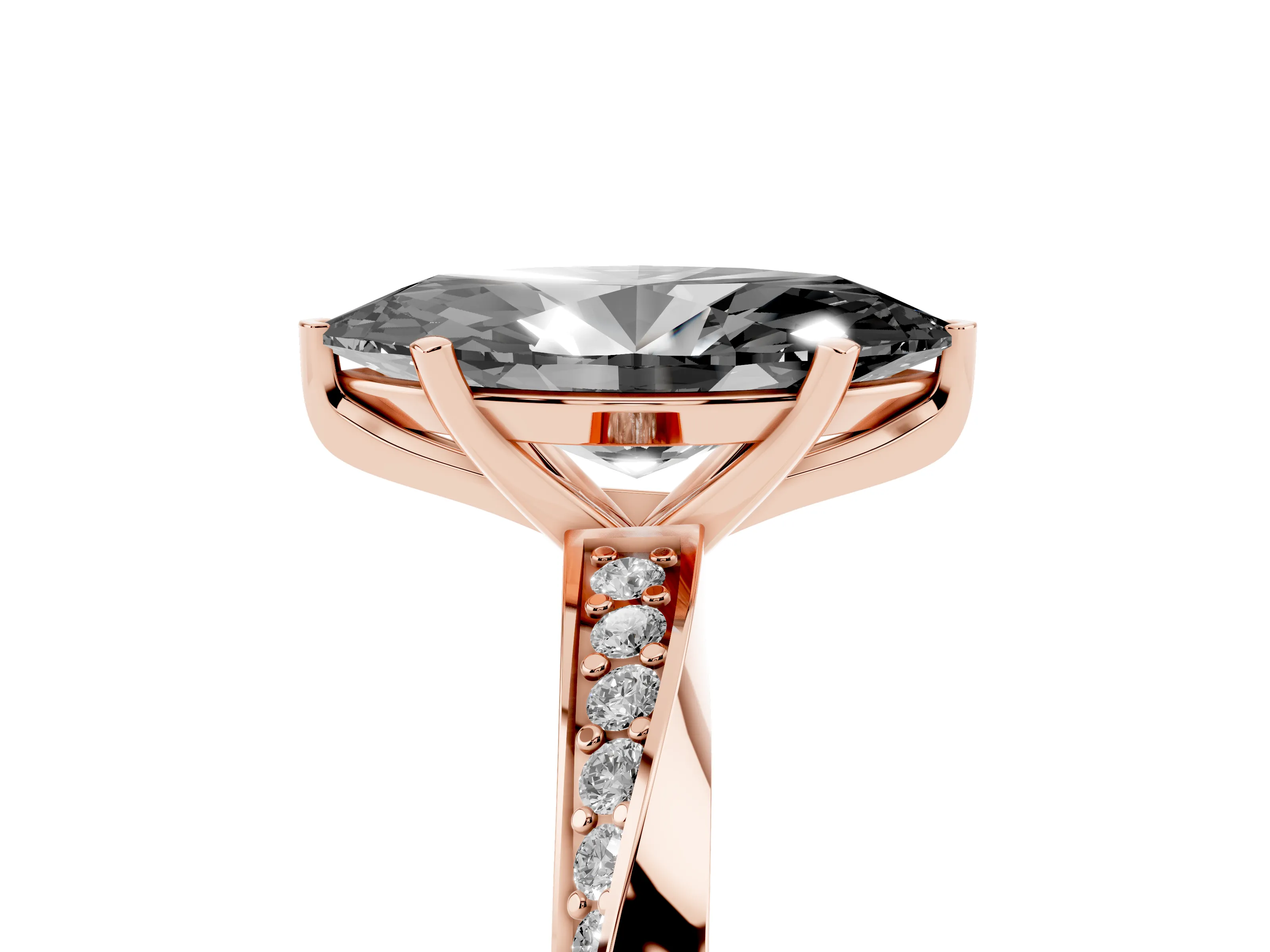 Fancy Black Marquise Cut Diamond Engagement Ring Set in Rose gold with Side Stone Accents and Prong Setting