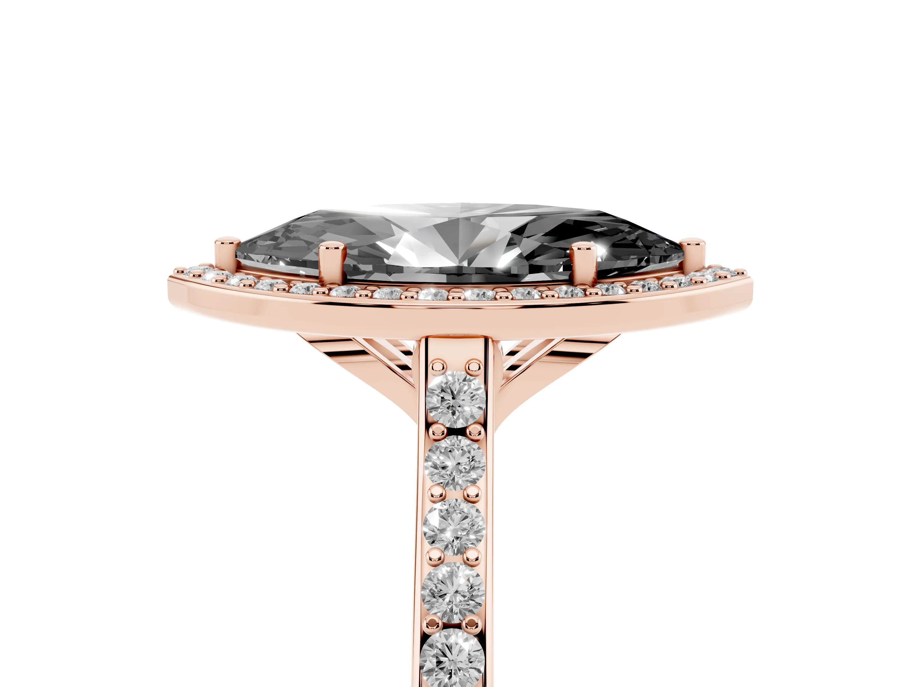 Fancy Black Marquise Cut Diamond Halo Engagement Ring Set in Rose gold with Round Pavé Shoulders and Heart Gallery