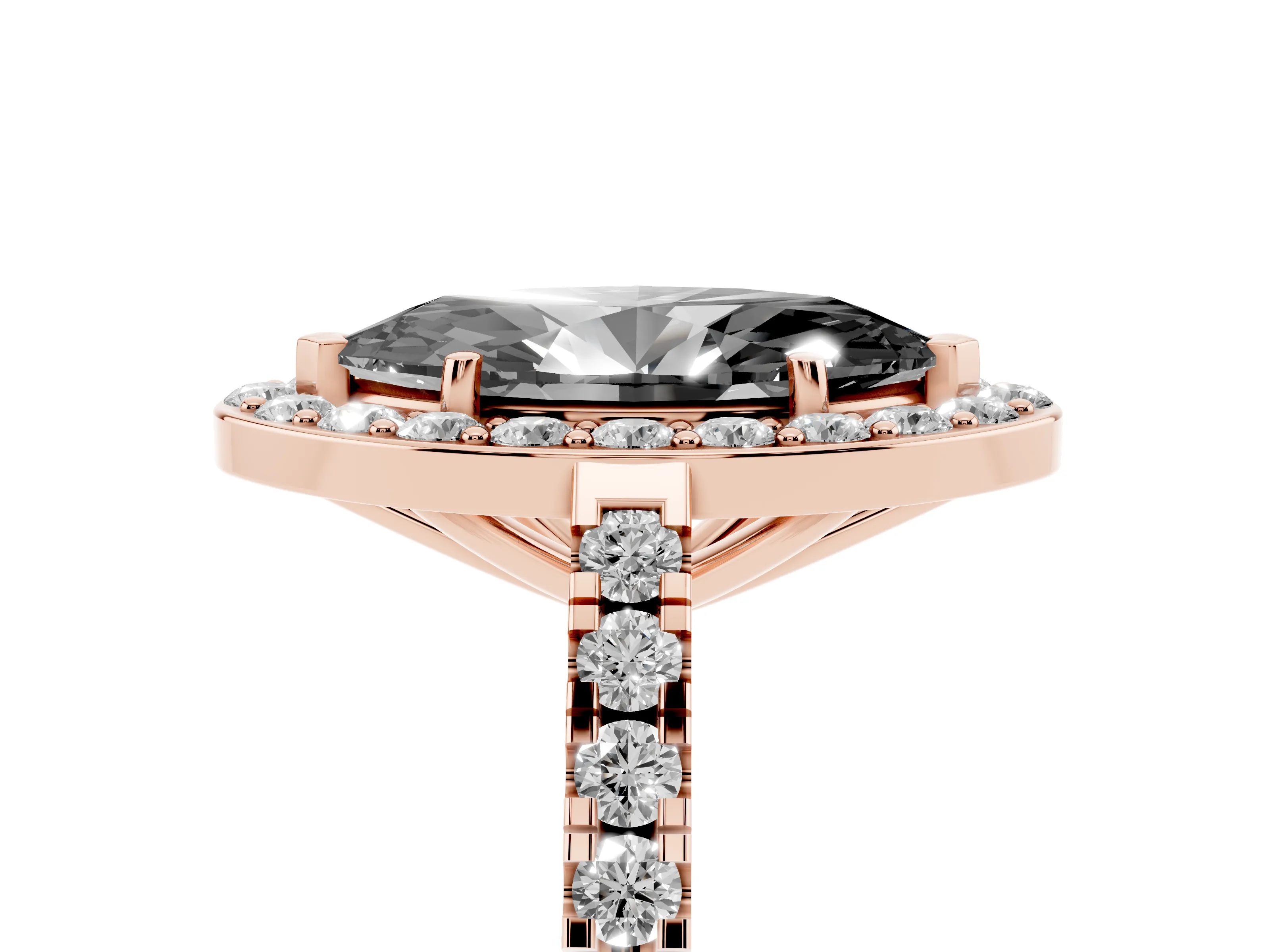 Fancy Black Marquise Cut Diamond Halo Ring Set in Rose gold with Round Pavé Split Shank and Prong Setting