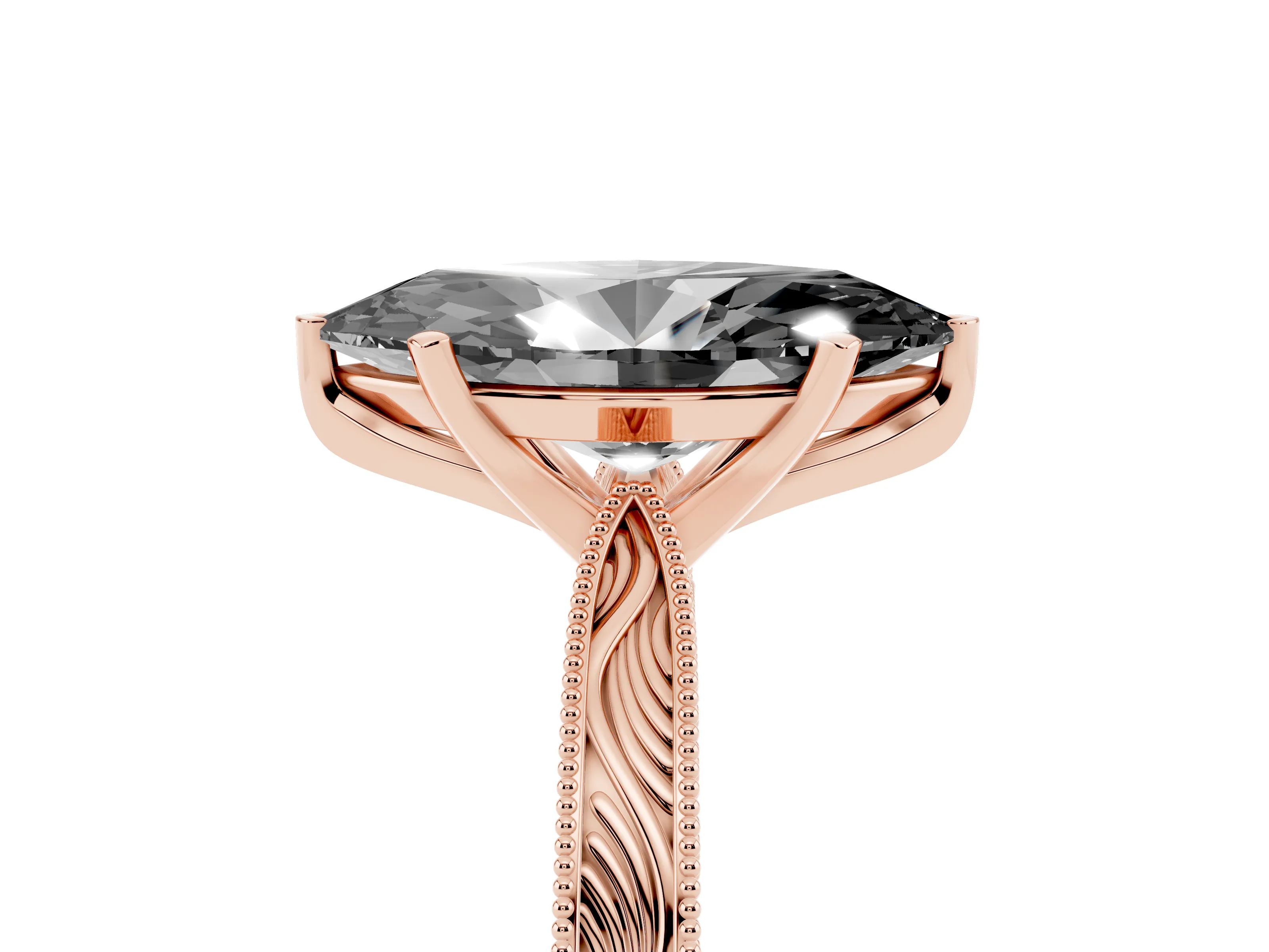 Fancy Black Marquise Cut Diamond Solitaire Milgrain Engraved Band Set in Rose gold with Prong Setting
