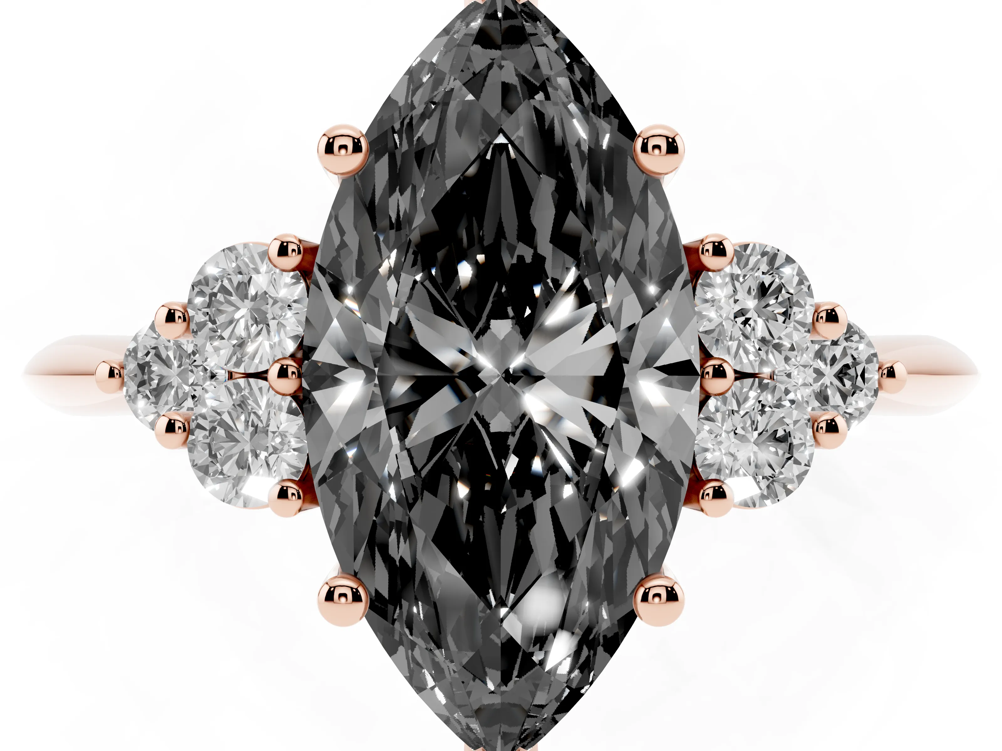Fancy Black Marquise Cut Diamond Cluster Ring Set in Rose gold with Plain Band and Prong Setting