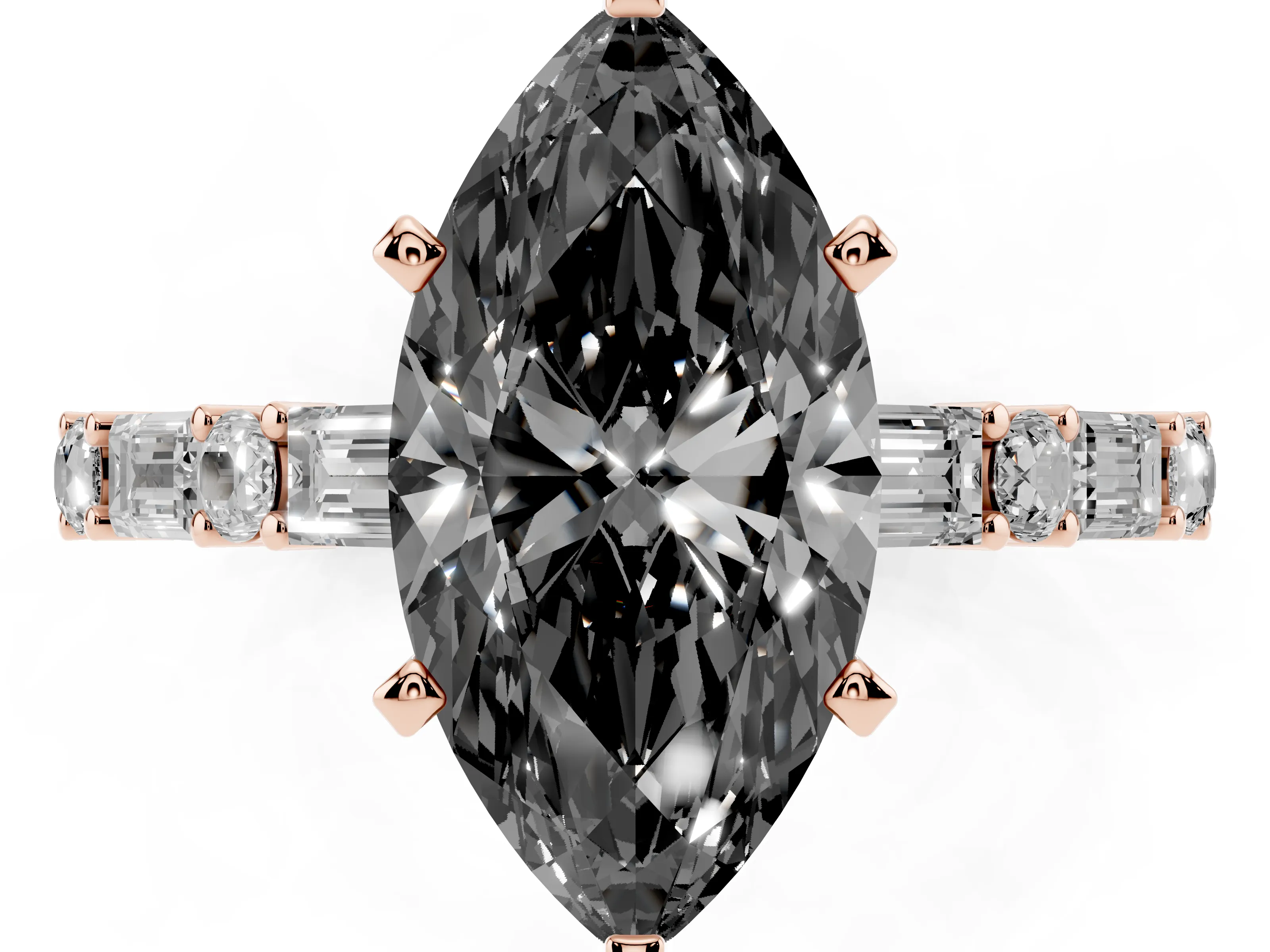 Fancy Black Marquise Cut Diamond Solitaire Set in Rose gold with Side Baguettes and Channel Set Band