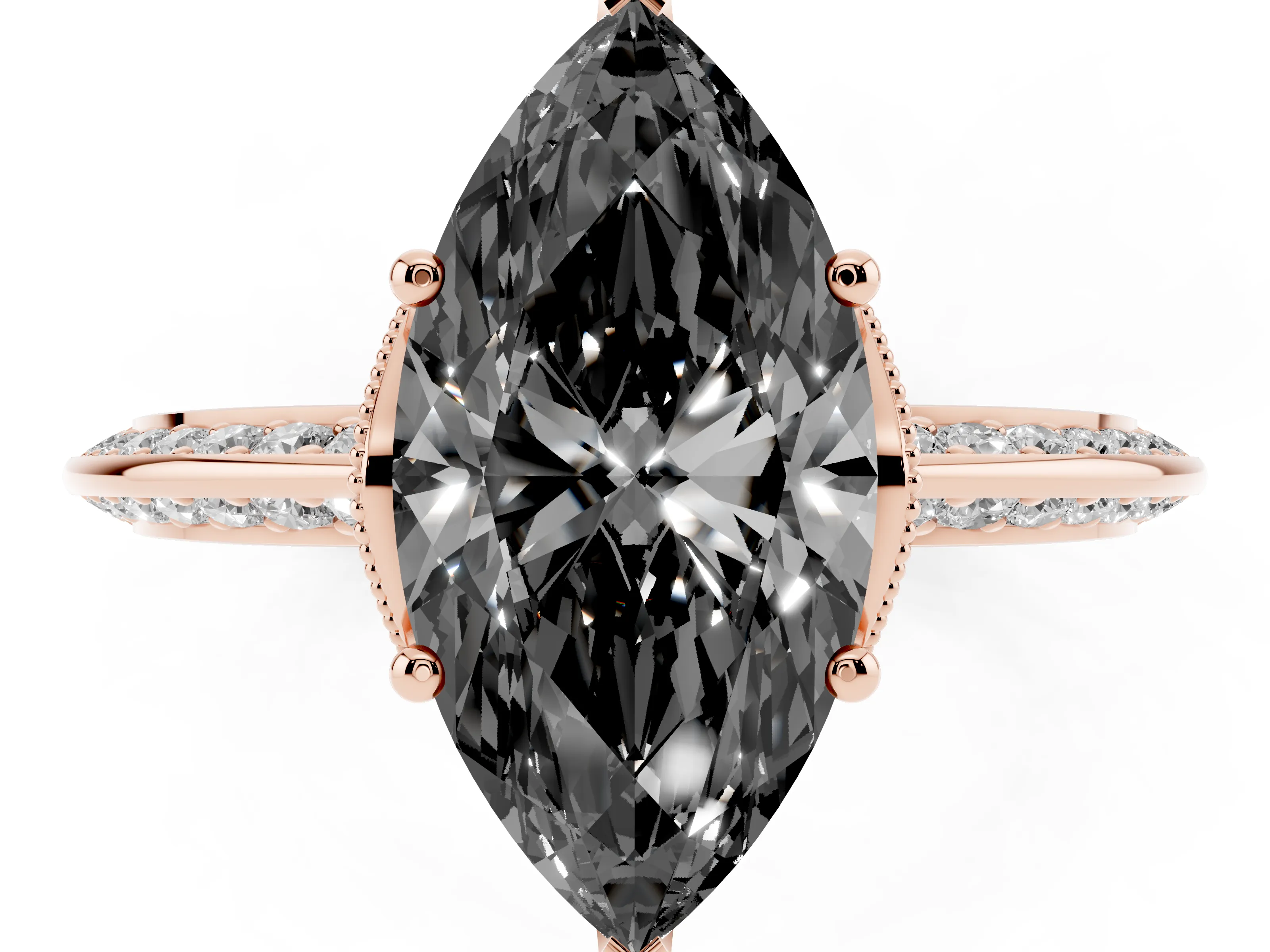 Fancy Black Marquise Cut Diamond Solitaire Engagement Ring Set in Rose gold with Pavé Split Shank and Prong Setting