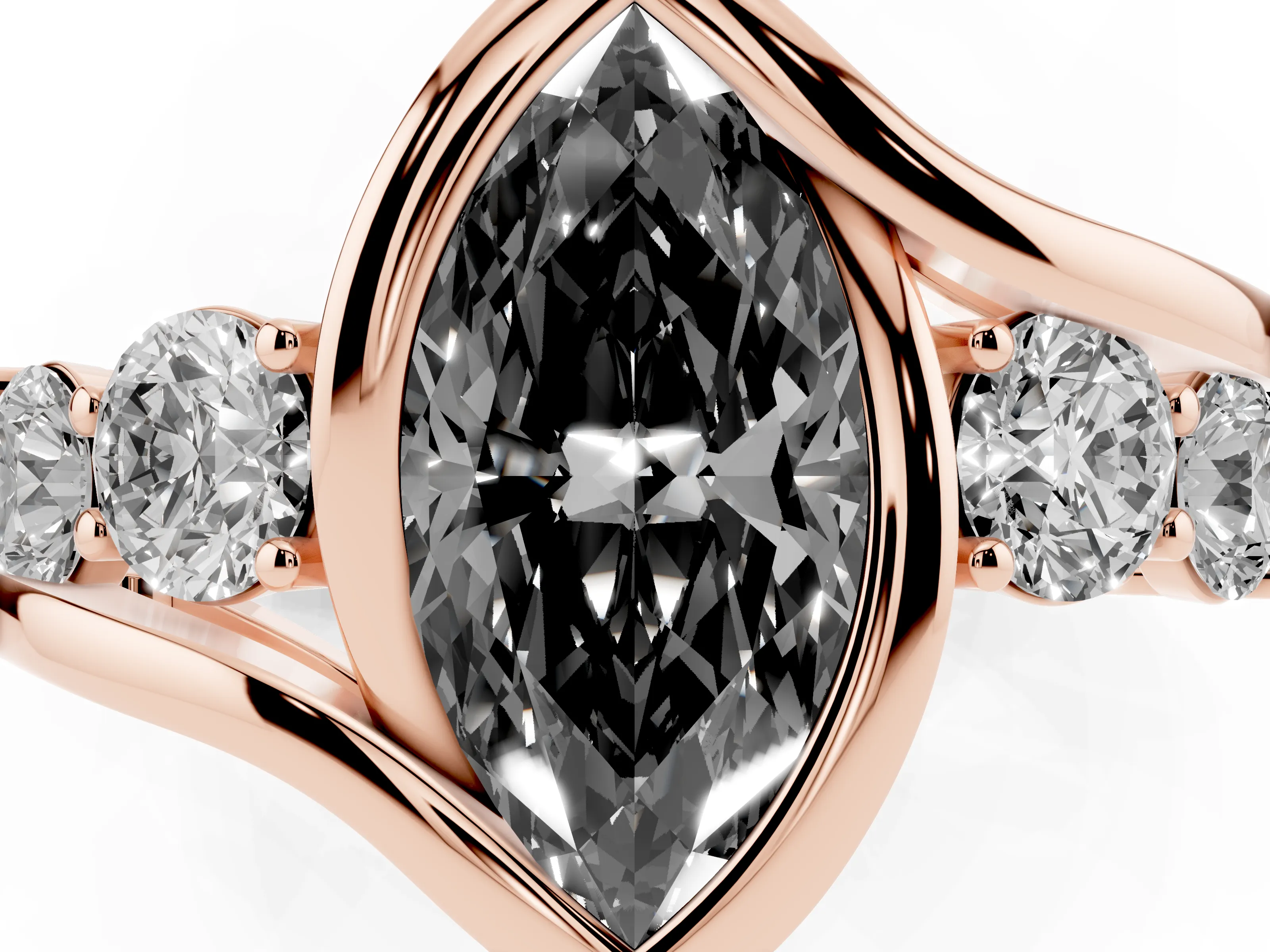 Fancy Black Marquise Cut Diamond Bezel Bypass Ring Set in Rose gold with Round Accents