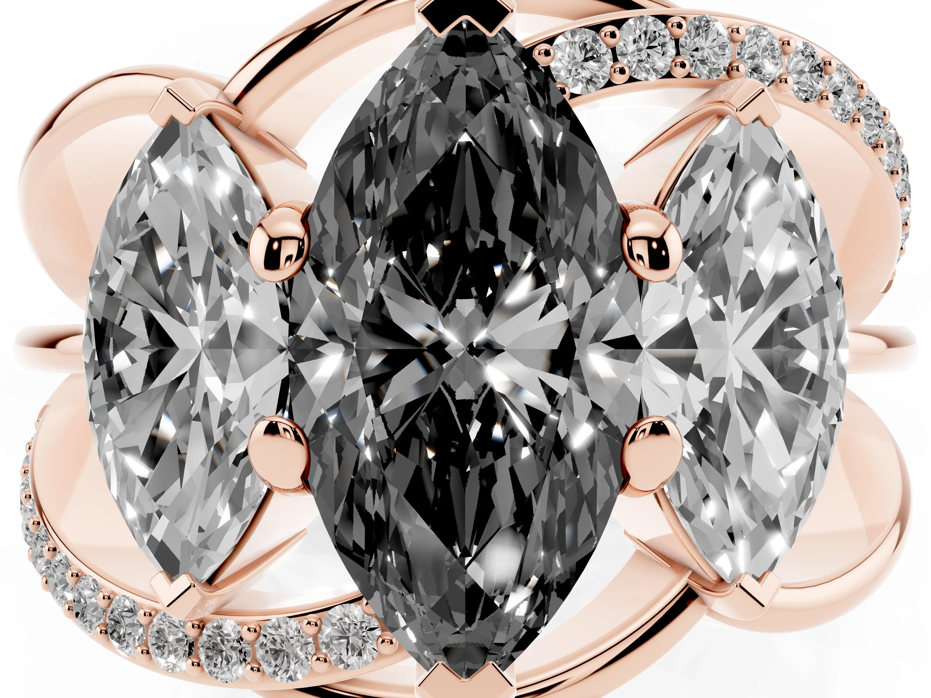 Fancy Black Marquise Cut Diamond Three-Stone Ring Set in Rose gold with Split Shank and Prong Setting